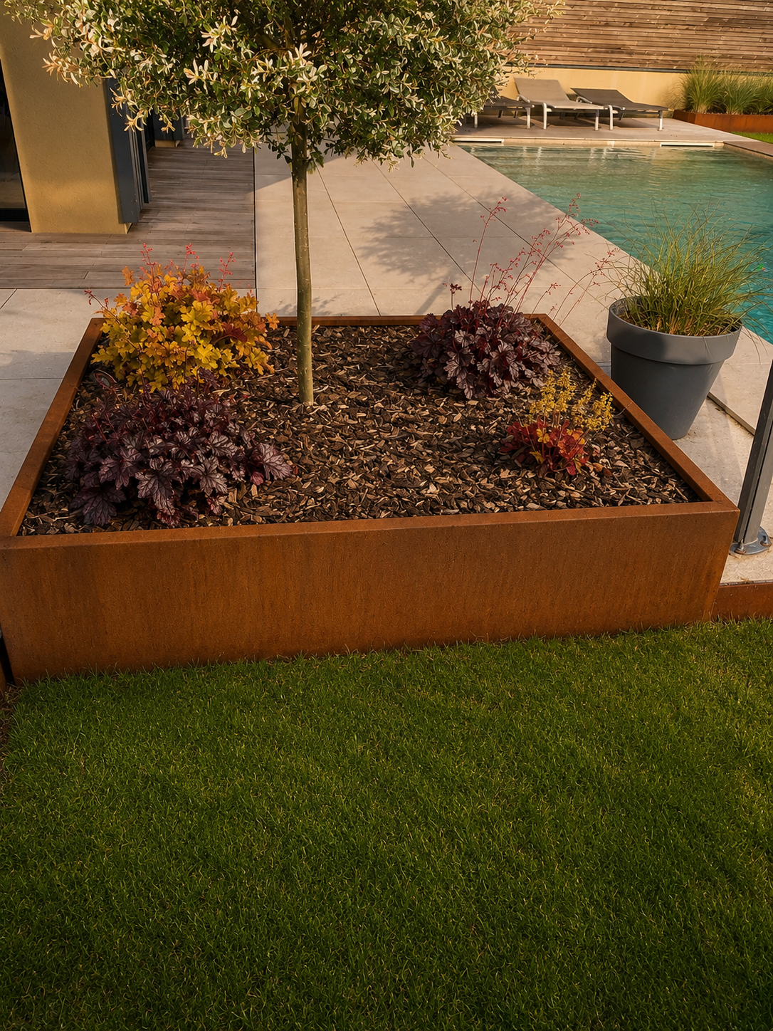 bac corten au bord de la piscine