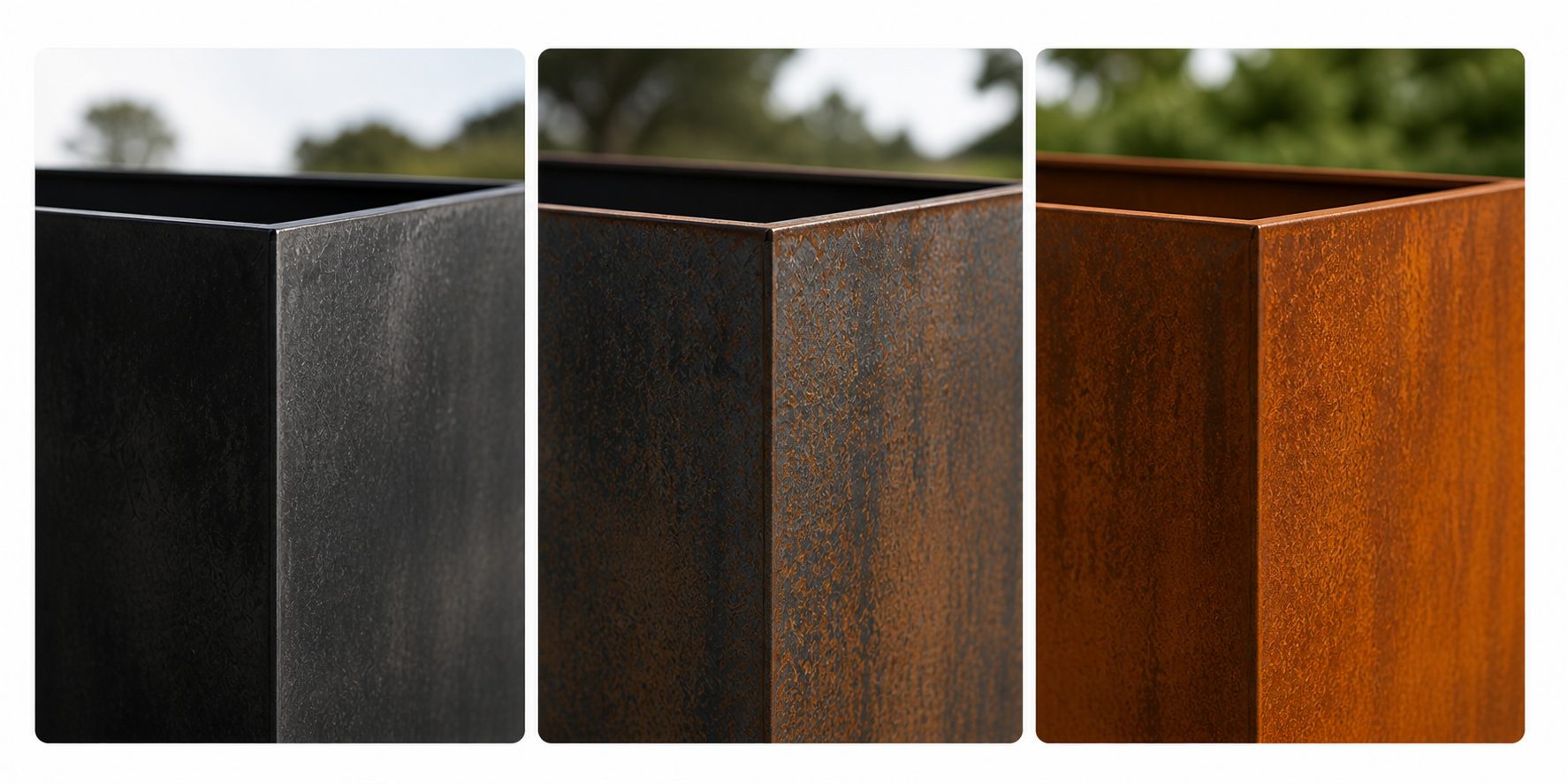 Trois images de grands pots en acier corten dans différentes couleurs : noir mat, rouille, et orange rouille.