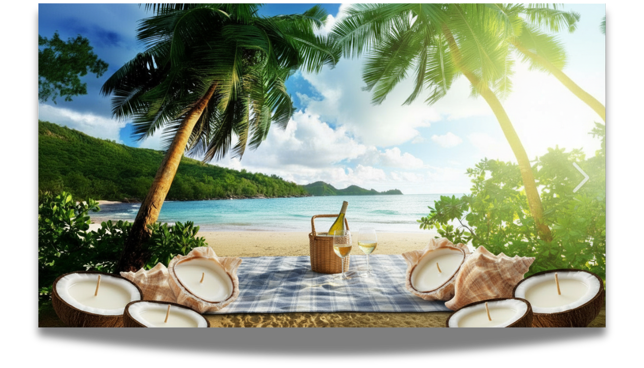 A tropical beach scene with two palm trees leaning over a picnic table with candles, wine glasses, and a picnic basket, overlooking the ocean with a clear sky and lush greenery.