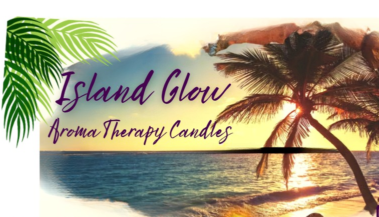 Tropical beach scene at sunset with palm trees, ocean waves, and a colorful sky, advertising 'Island Glow' aroma therapy candles.