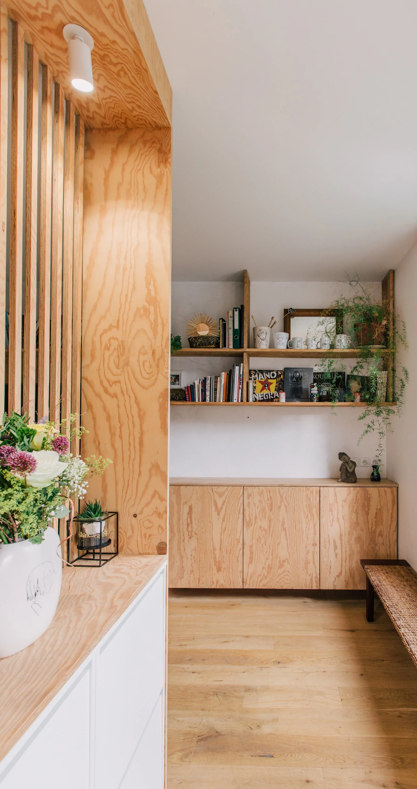 Intérieur d'une pièce avec bibliothèque en bois, plantes, livres, et décoration