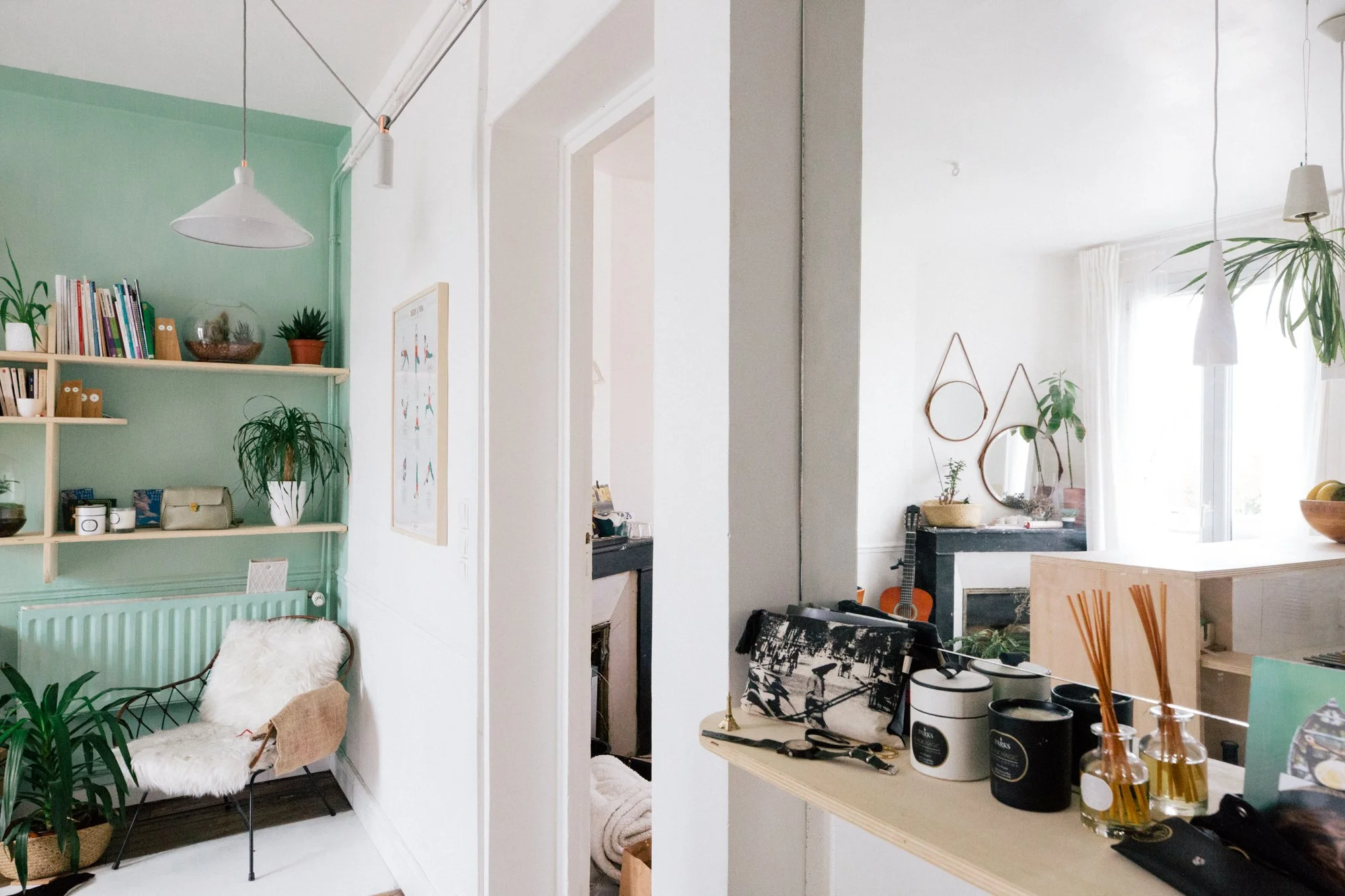 Intérieur d'un appartement avec un mur vert pastel, une étagère avec des livres et des plantes, un fauteuil avec un coussin en fourrure blanche, et une autre pièce visible à travers une ouverture avec des plantes et des décorations murales.