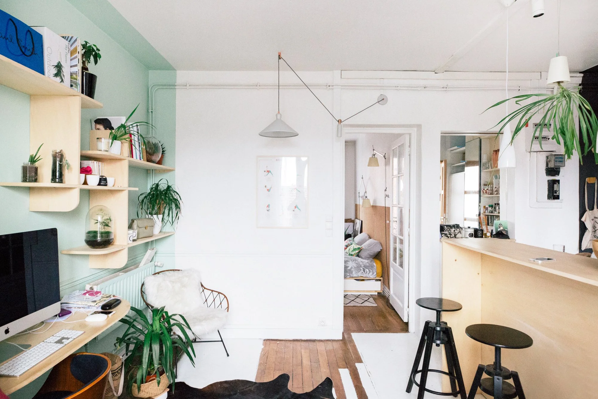 Un intérieur d'appartement lumineux avec des étagères en bois, plusieurs plantes vertes, un ordinateur, et un espace salon visible à travers une porte.