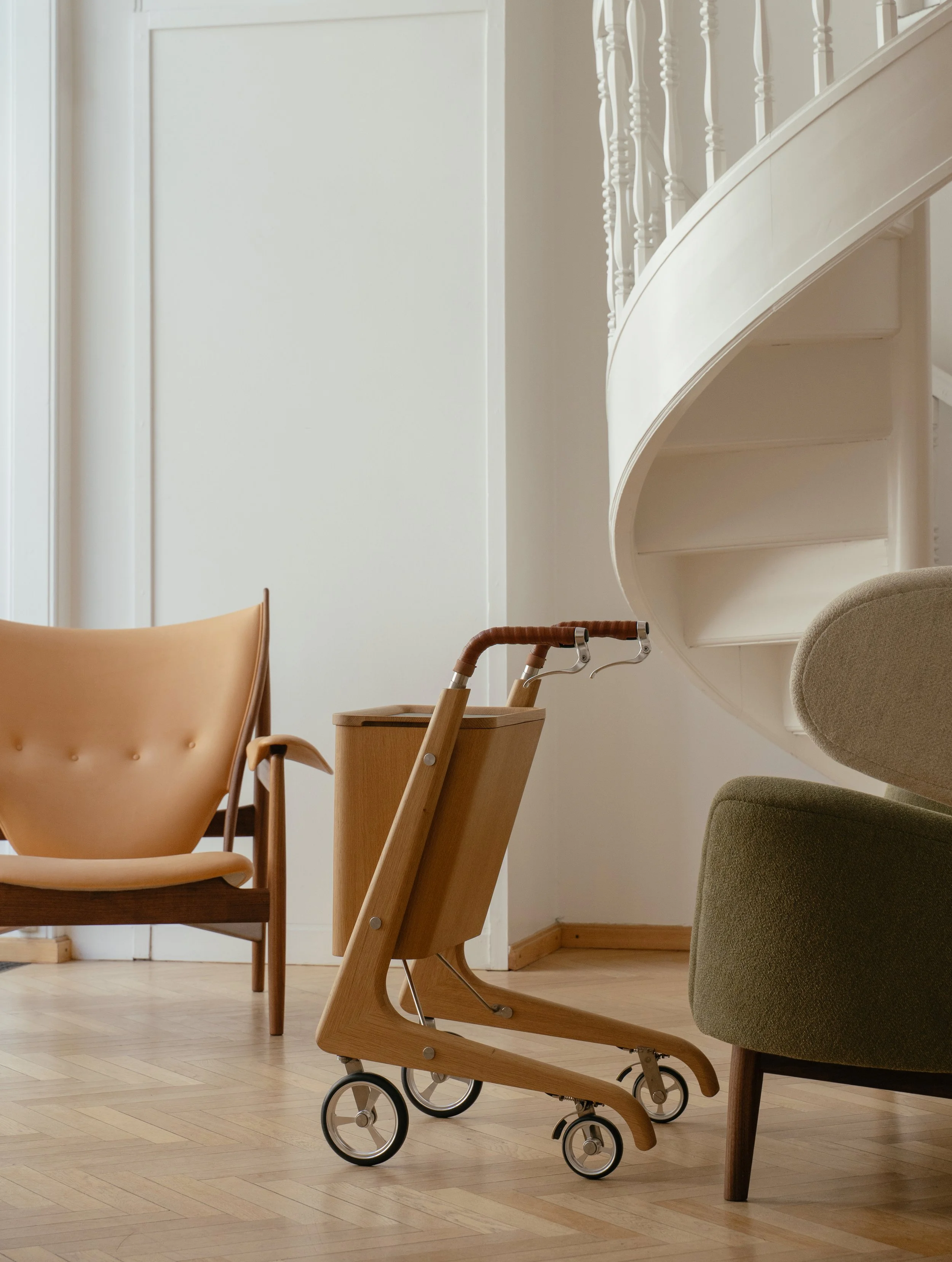 Designer walker prototype made of wood, showing the possibilities of design for personality and everyday empowerment. Named Sindig by Anker Bak