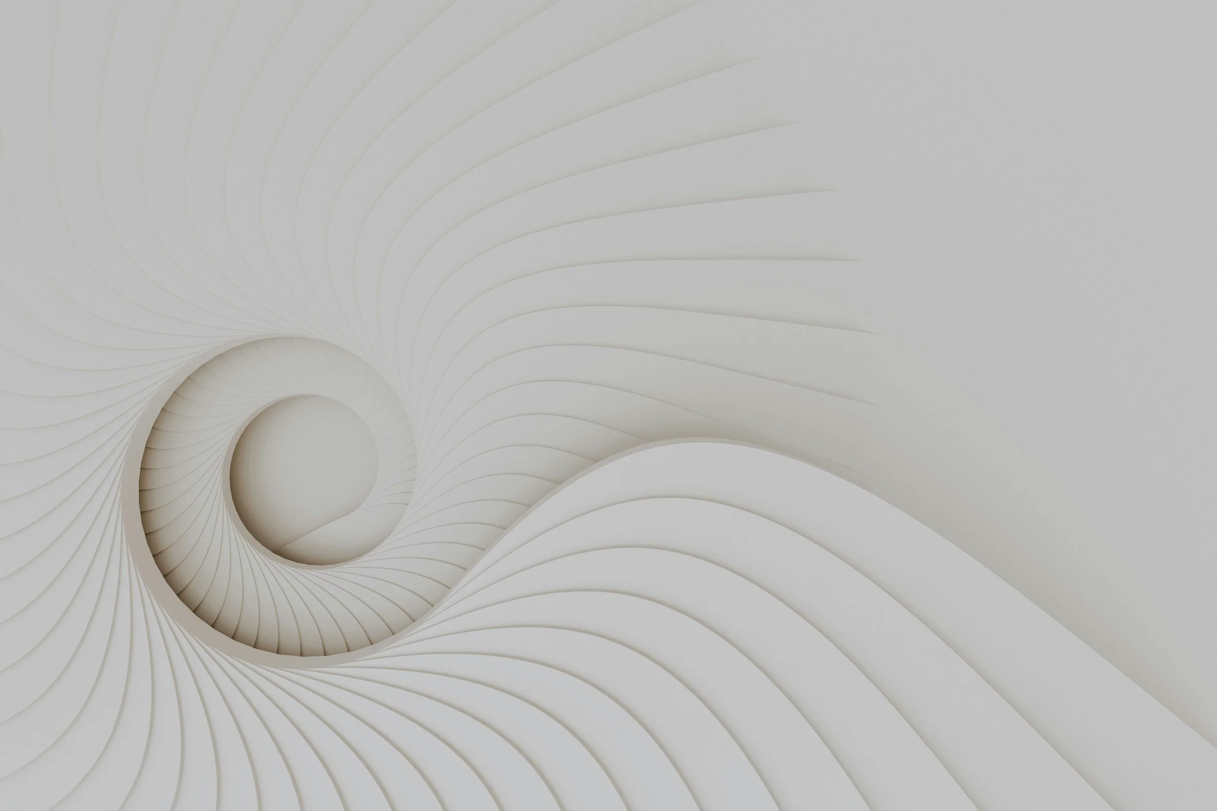 White abstract spiral pattern with layered, curved lines creating a tunnel-like effect.