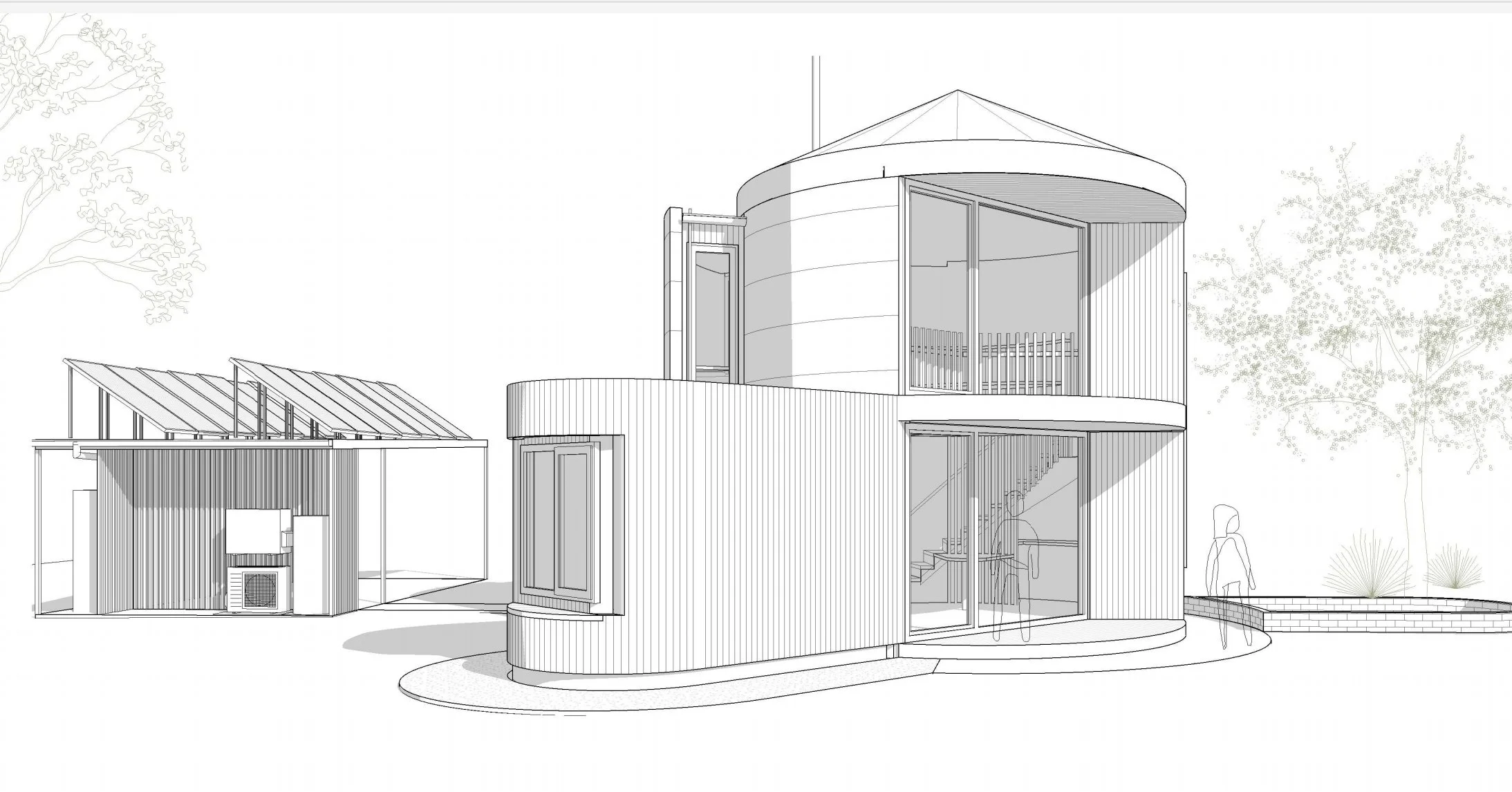 Architectural line drawing of a modern multi-story building with curved and rectangular sections, large glass windows, and surrounding trees.