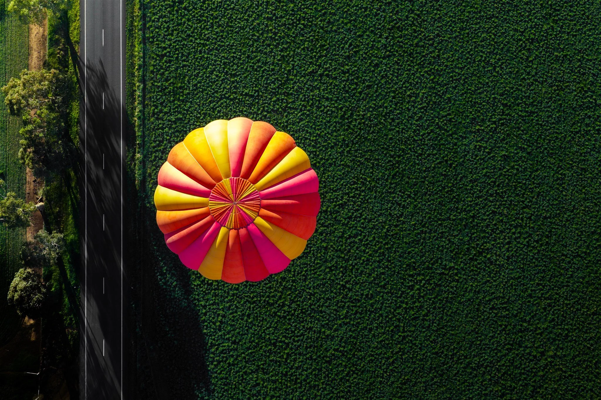 An aerial view of a countryside with a colorful hot air balloon landing on green fields next to a small road.