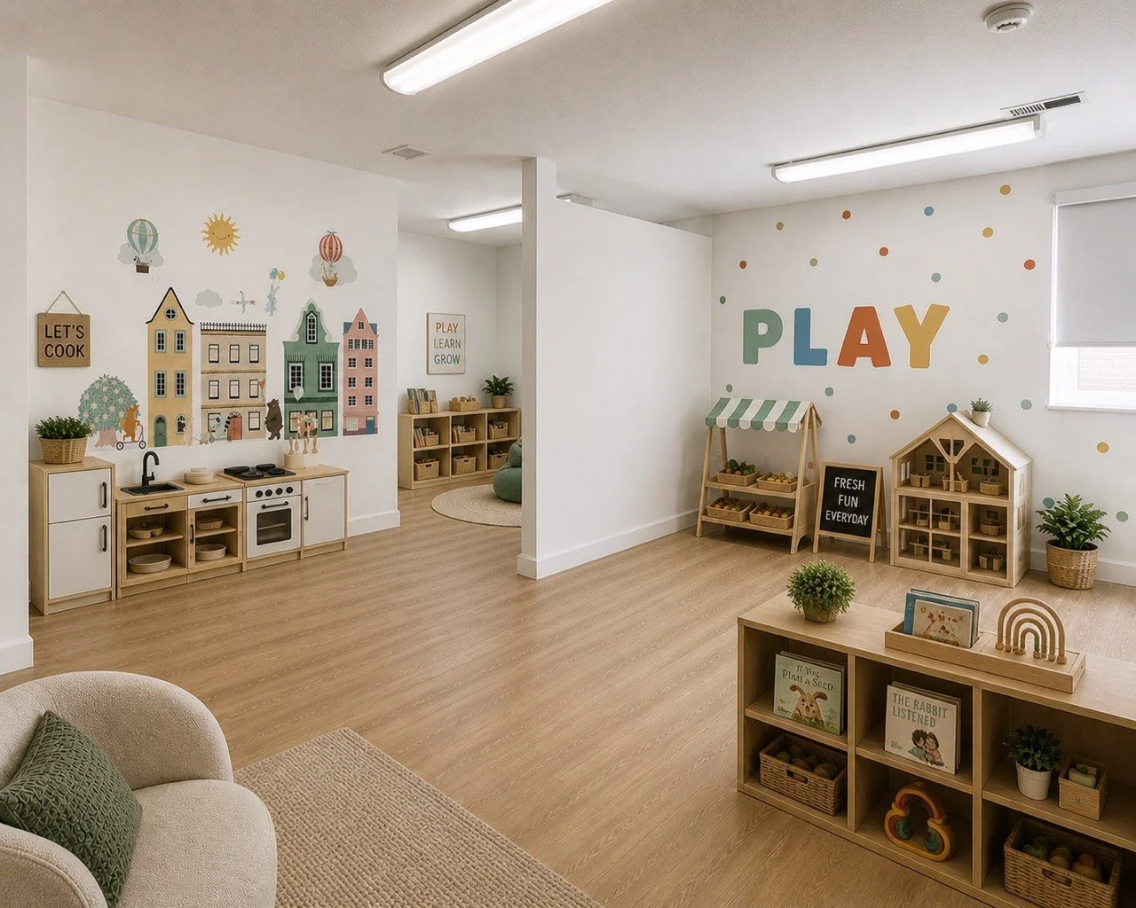 A spacious children's playroom with light wooden floors and white walls decorated with colorful artwork and the word 'PLAY'. Contains wooden shelves with toys, books, and play areas with miniature houses and market stall, along with cozy seating and potted plants.