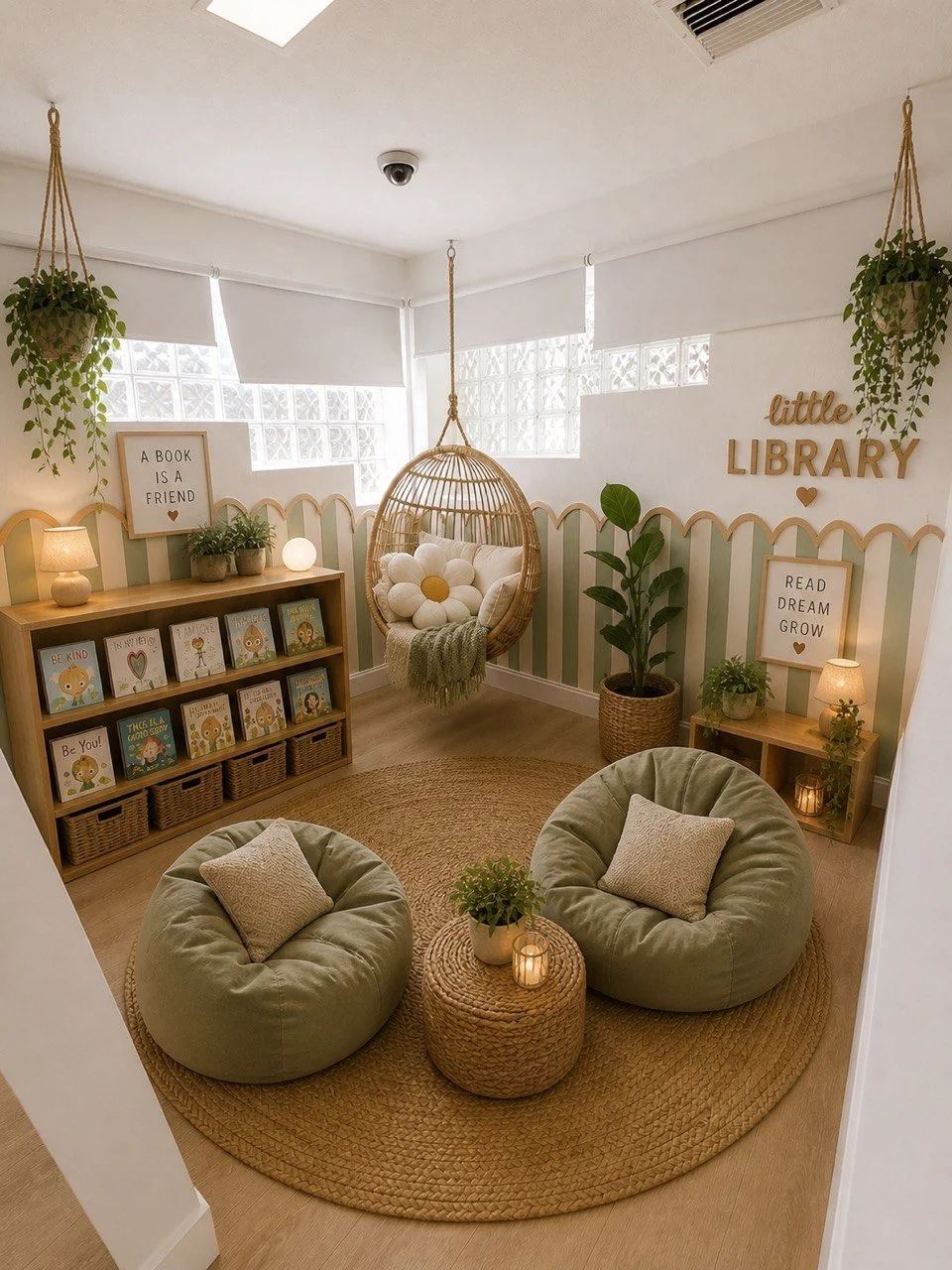 Small children's library room with two green bean bag chairs, a round woven rug, small woven table with plants and candles, wooden bookshelf with children's books, hanging wicker chair with pillows, wall signs saying 'little library' and motivational quotes, and lots of green plants.