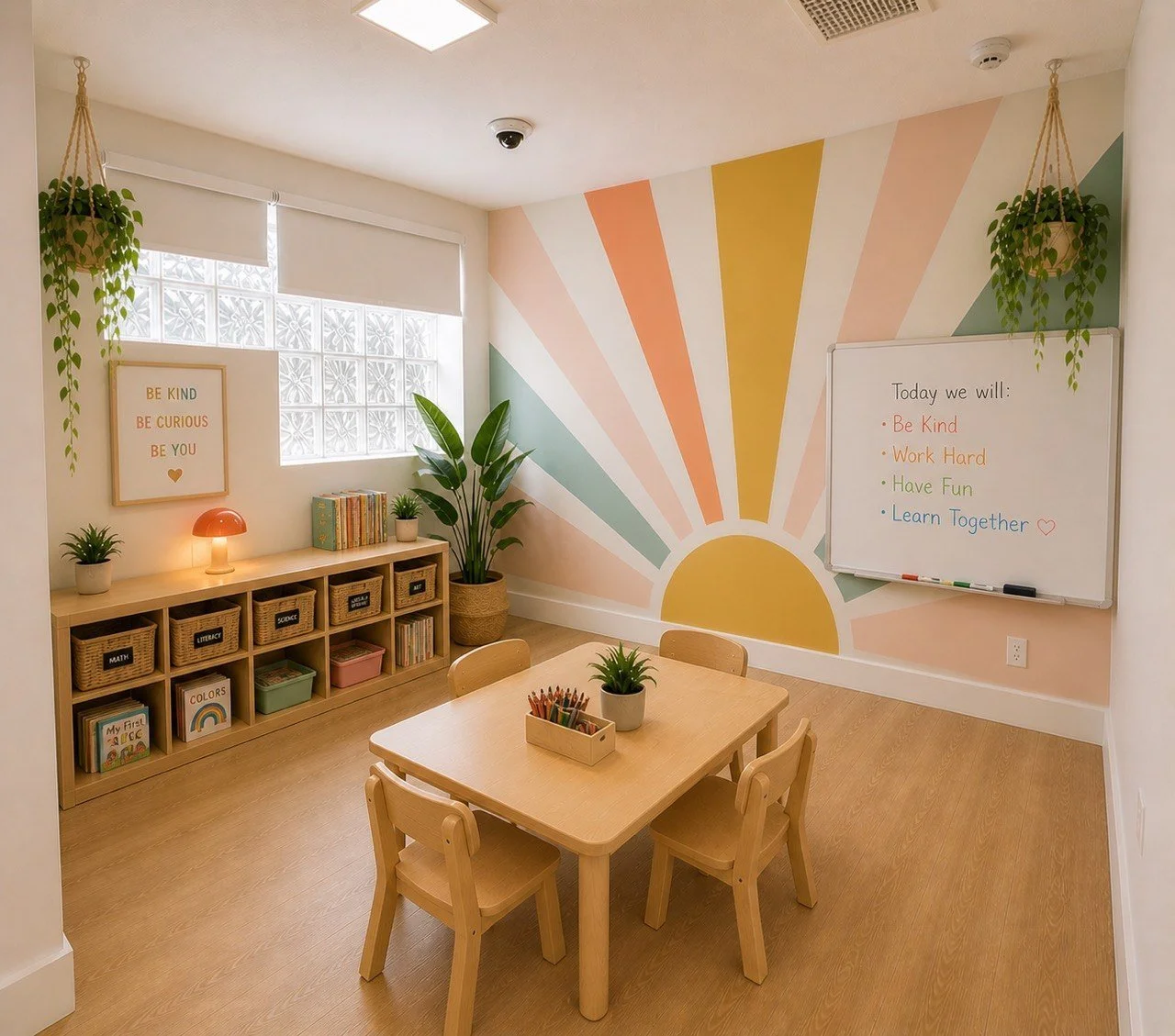 A colorful children’s classroom with a sun mural, small wooden table and chairs, storage bins, educational posters, and plants.