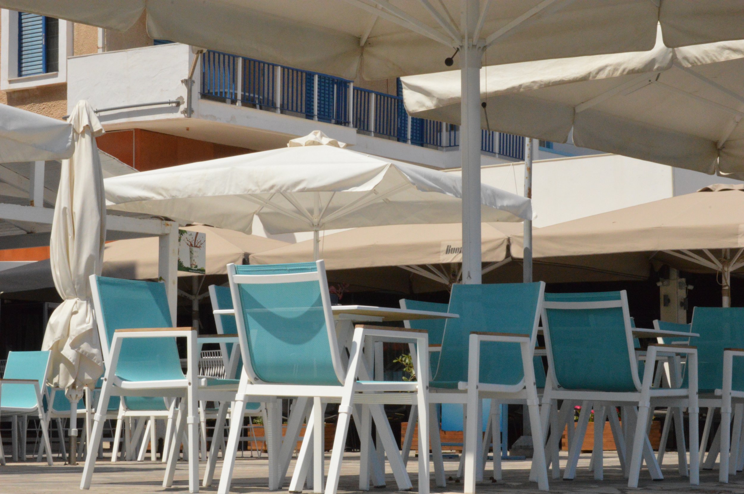 Empty outdoor seating area with blue chairs and white tables under large white umbrellas, at a beachside restaurant or cafe.