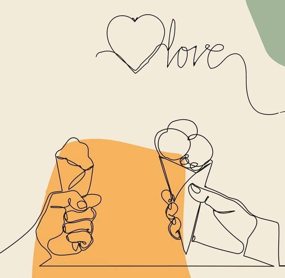 Line drawing of two hands holding champagne glasses, with the word love and a heart above, on a beige background with a green corner.
