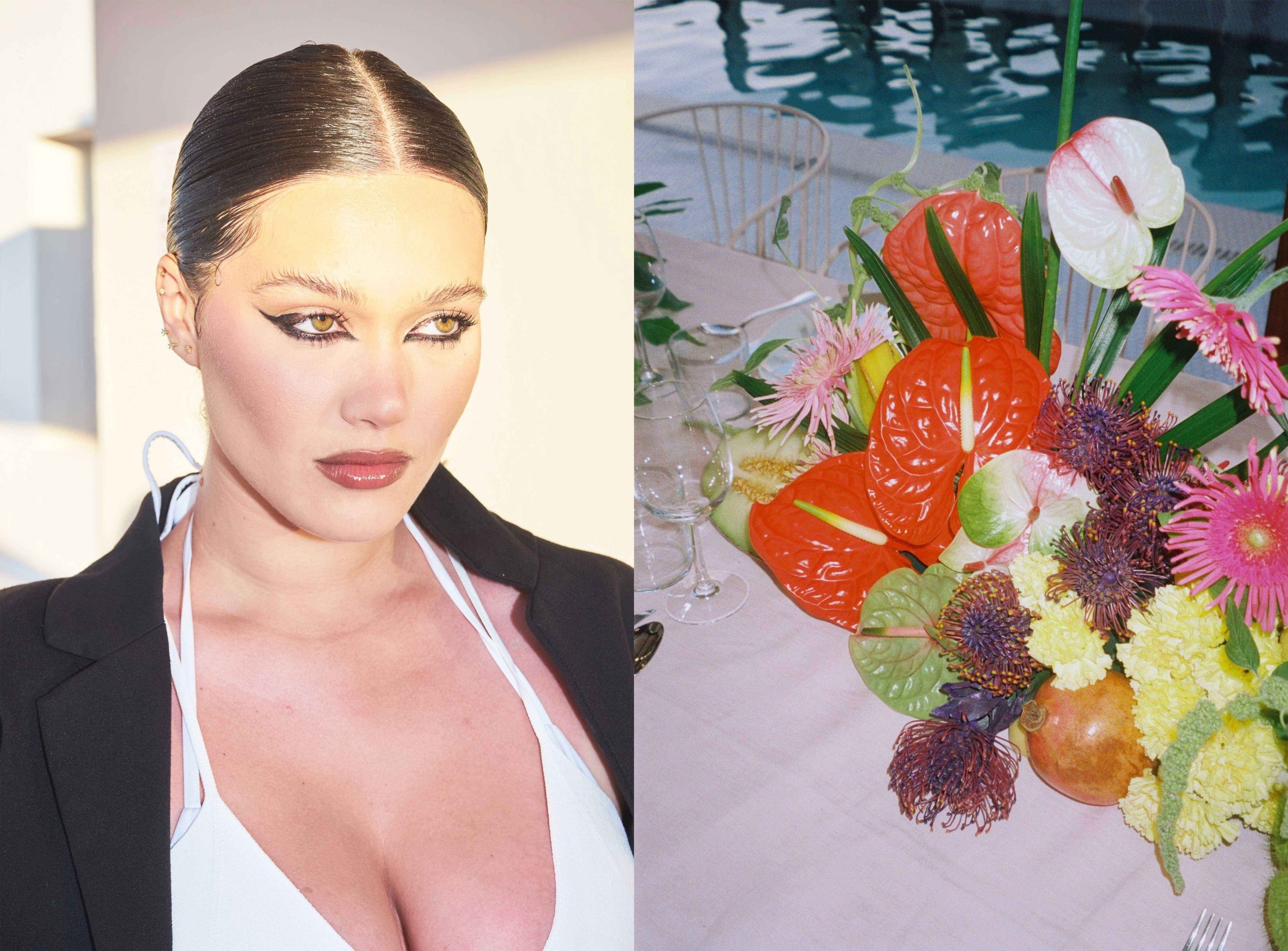 A custom tablescape designed with real flowers and seasonal fruit.