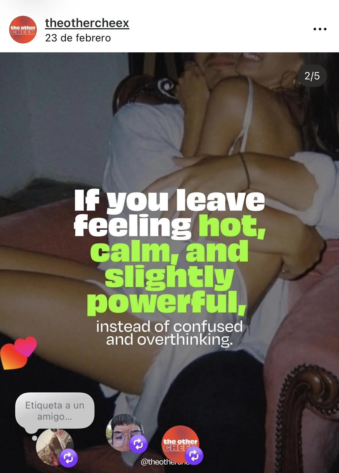 A couple embracing on a bed, with the woman sitting on the man's lap, smiling and hugging. There's a text overlay that reads, "If you leave feeling hot, calm, and slightly powerful, instead of confused and overthinking."