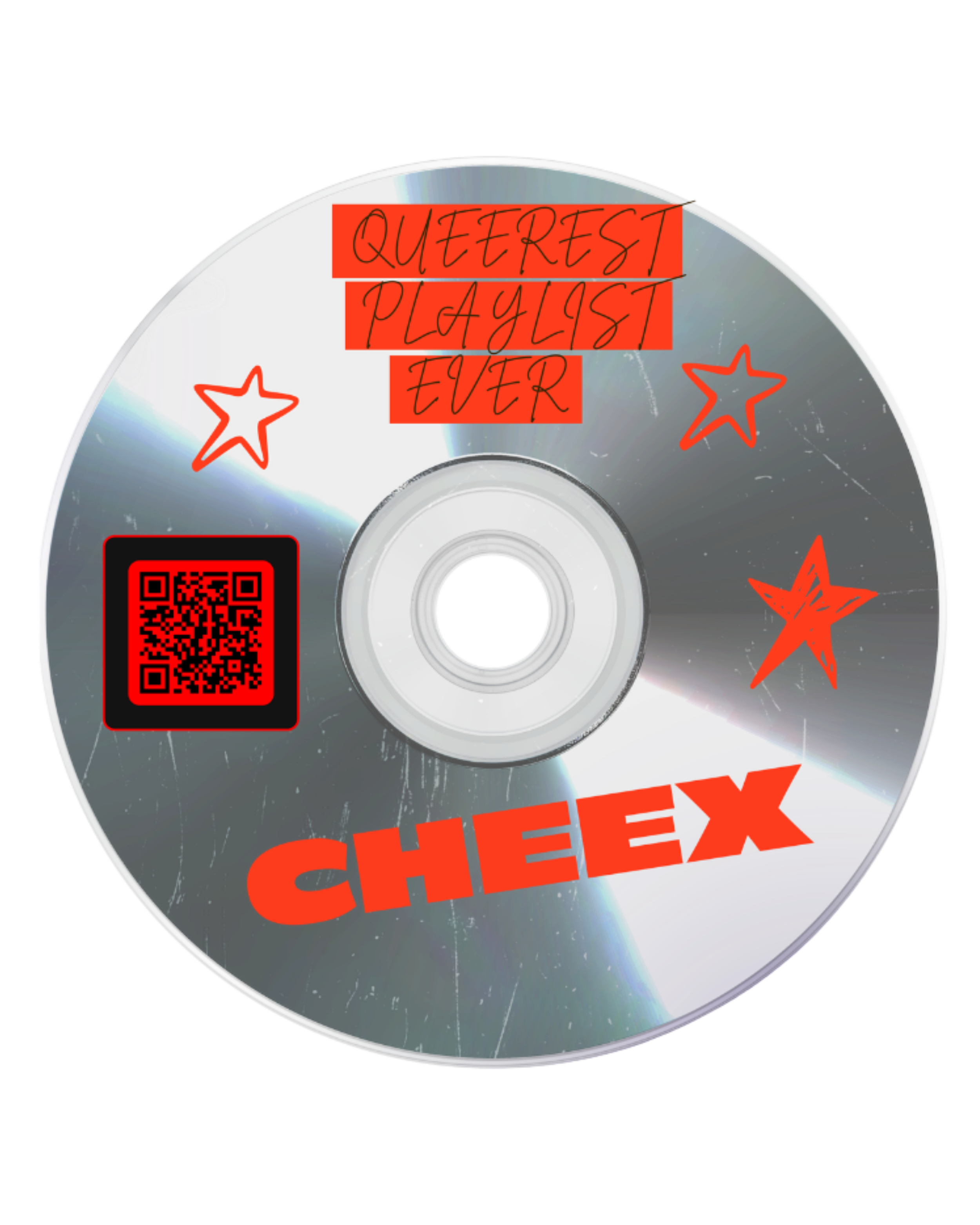 A CD with a space-themed background, featuring red text that says 'QUEEREST PLAYLIST EVER' and red stars, with a QR code on the left side.