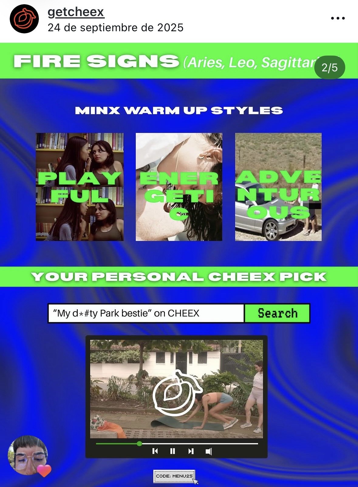 A social media post about fire signs, listing Aries, Leo, and Sagittarius, with images and text promoting warm-up styles and personal selections for fire signs.