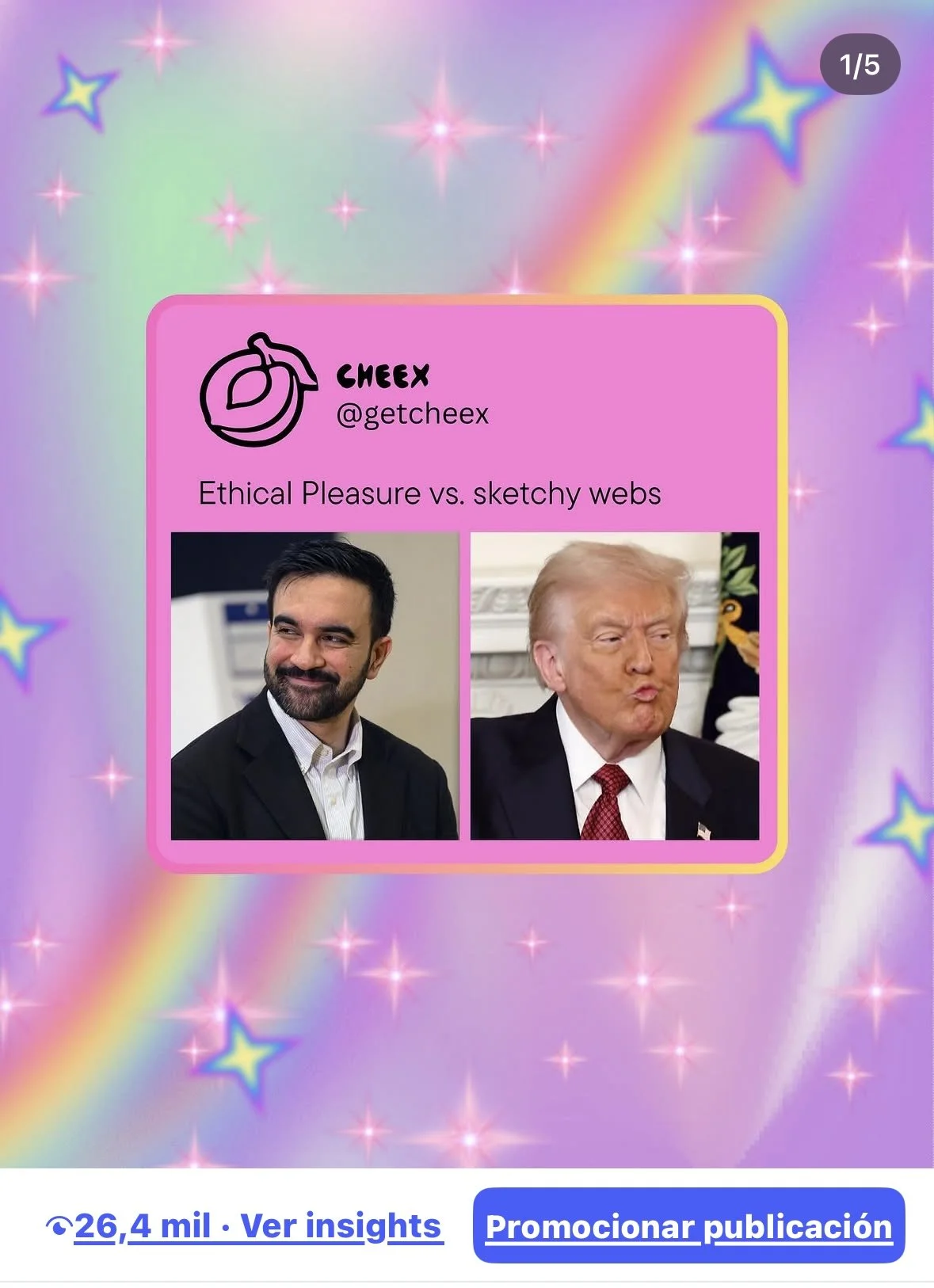 A colorful, pastel rainbow background with pink stars and stars with blue outlines. In the center, a pink box contains a black outline drawing of a peach, the username @getcheex, and the text 'Cheex Ethical Pleasure vs. sketchy webs.' Below are side-
