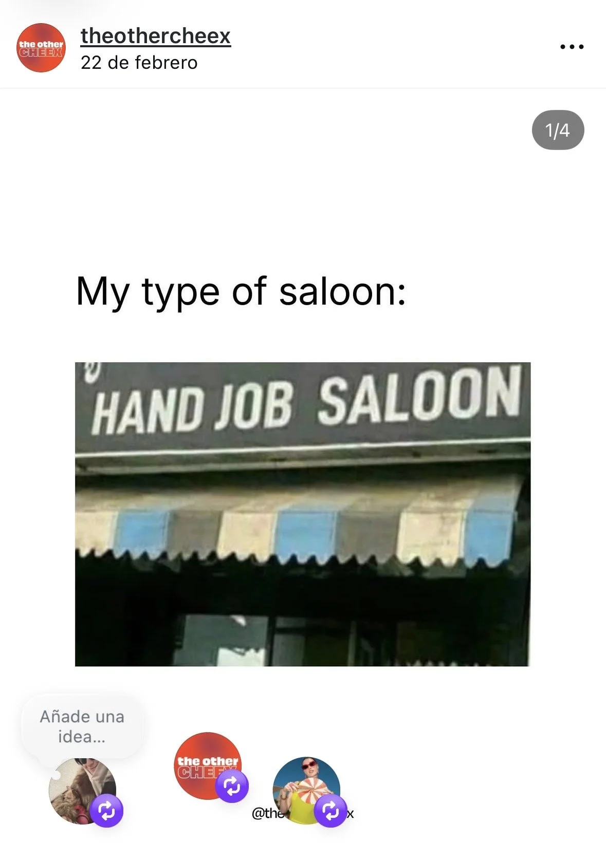 Sign reading 'Hand Job Saloon' outside a building with a blue and white striped awning.