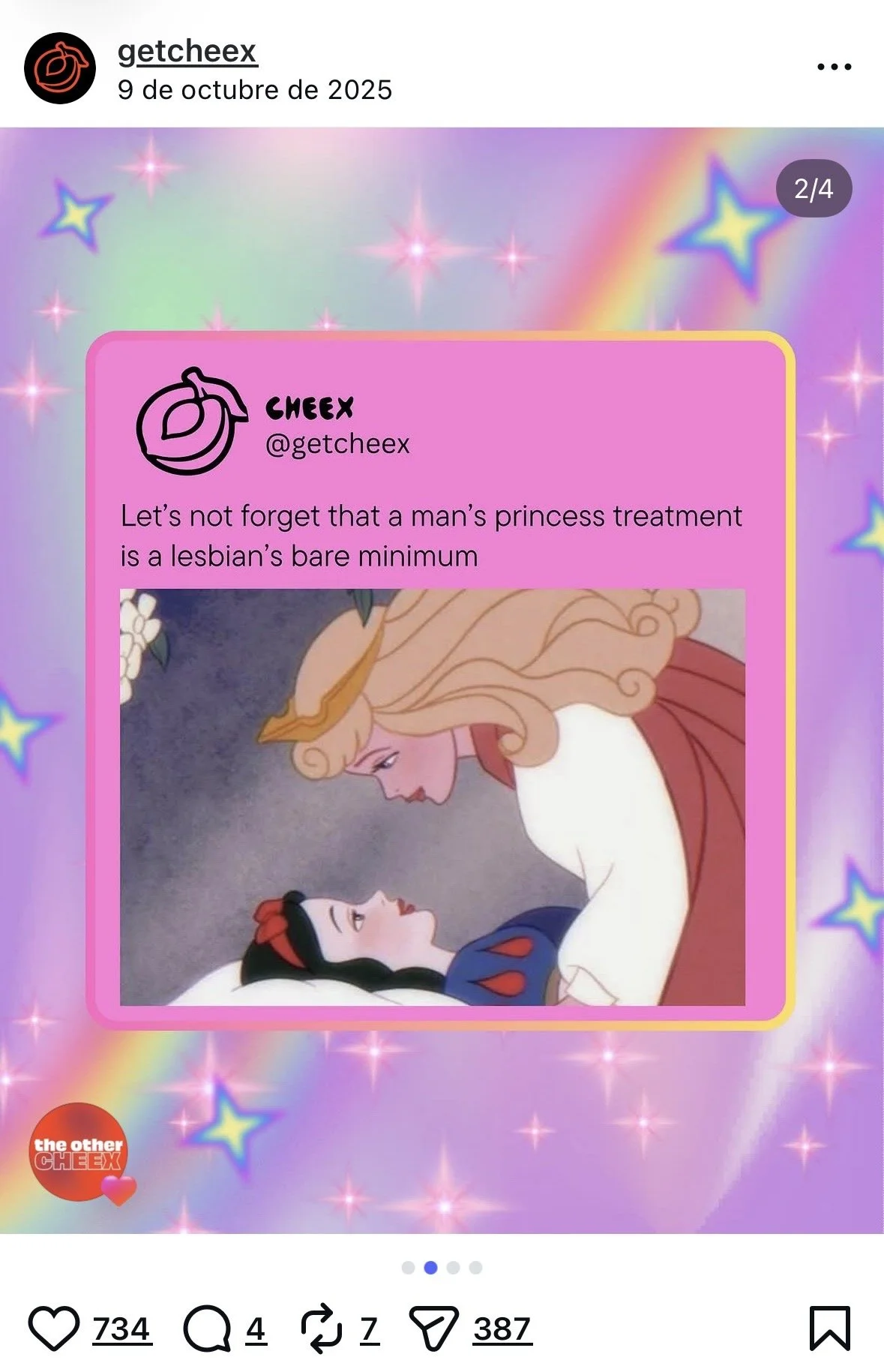 A colorful Instagram post with a quote about gender roles and a Disney scene of Princess Aurora lying in bed with Prince Philip leaning over her. The background has a rainbow, stars, and pastel colors.