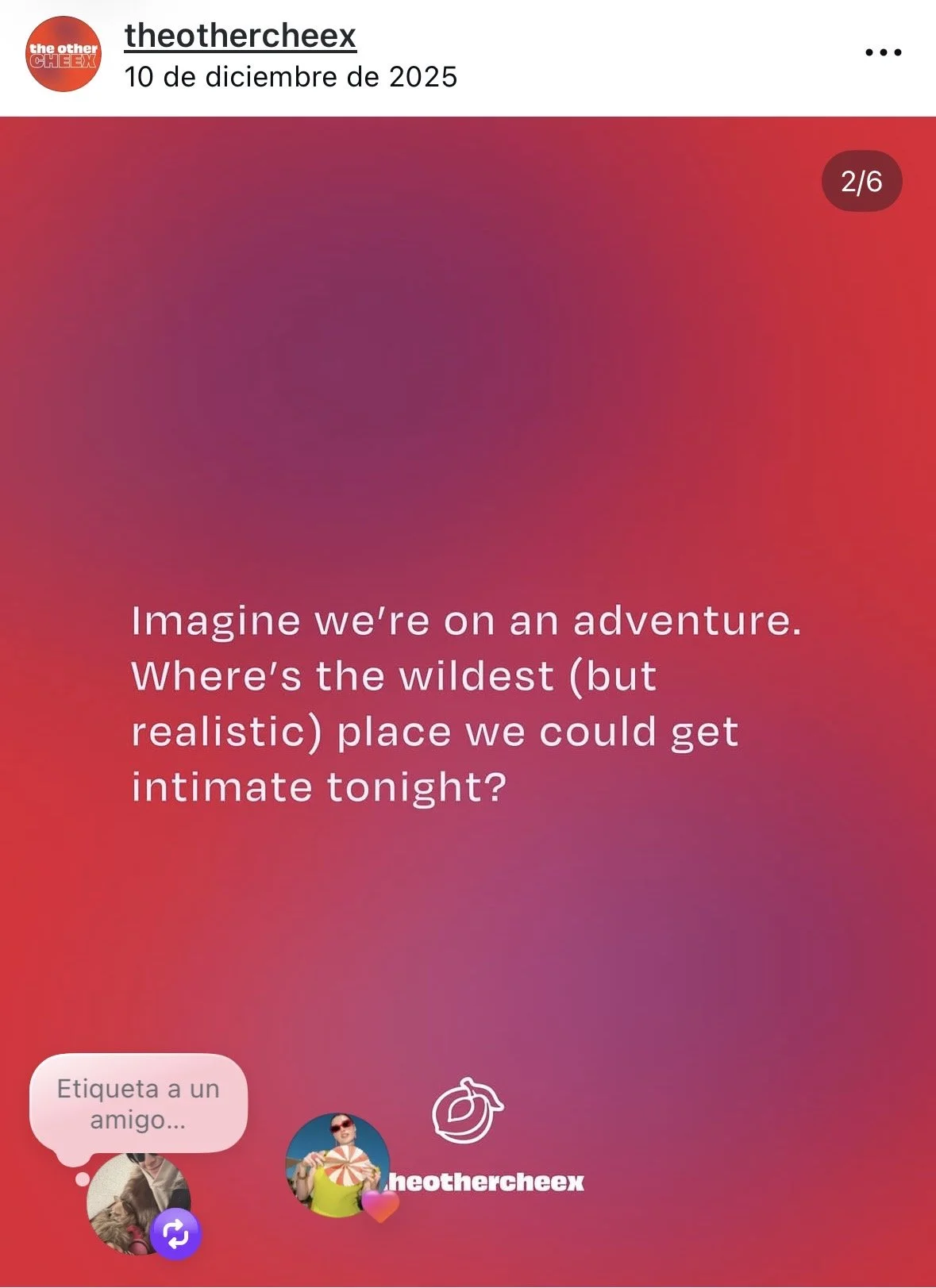 Social media post with a gradient background, prompting users to imagine being on an adventure and asking for a wild or realistic place to get intimate tonight.
