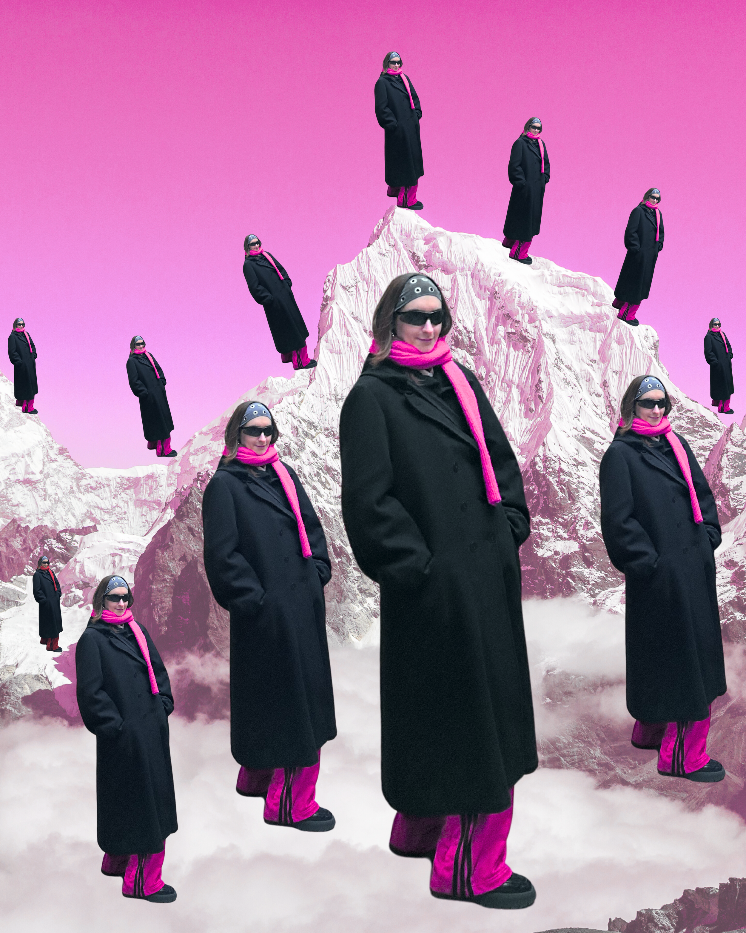 Multiple women wearing black coats, pink pants, and pink scarves standing on a snow-covered mountain peak against a pink sky, with a surreal and digitally manipulated appearance.