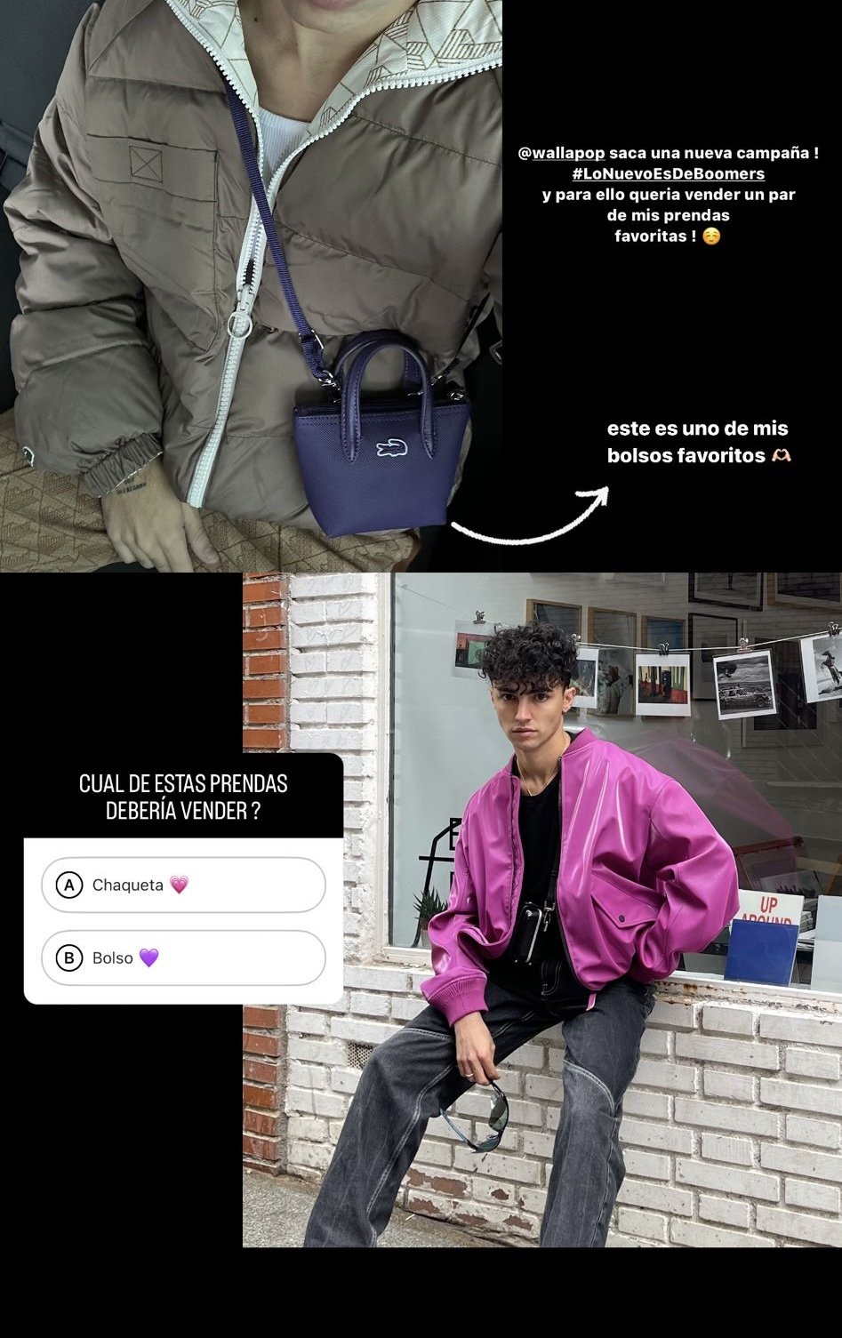 A person wearing a pink jacket and gray pants sitting on a brick ledge, holding sunglasses, with a background of a display of photographs and artwork.