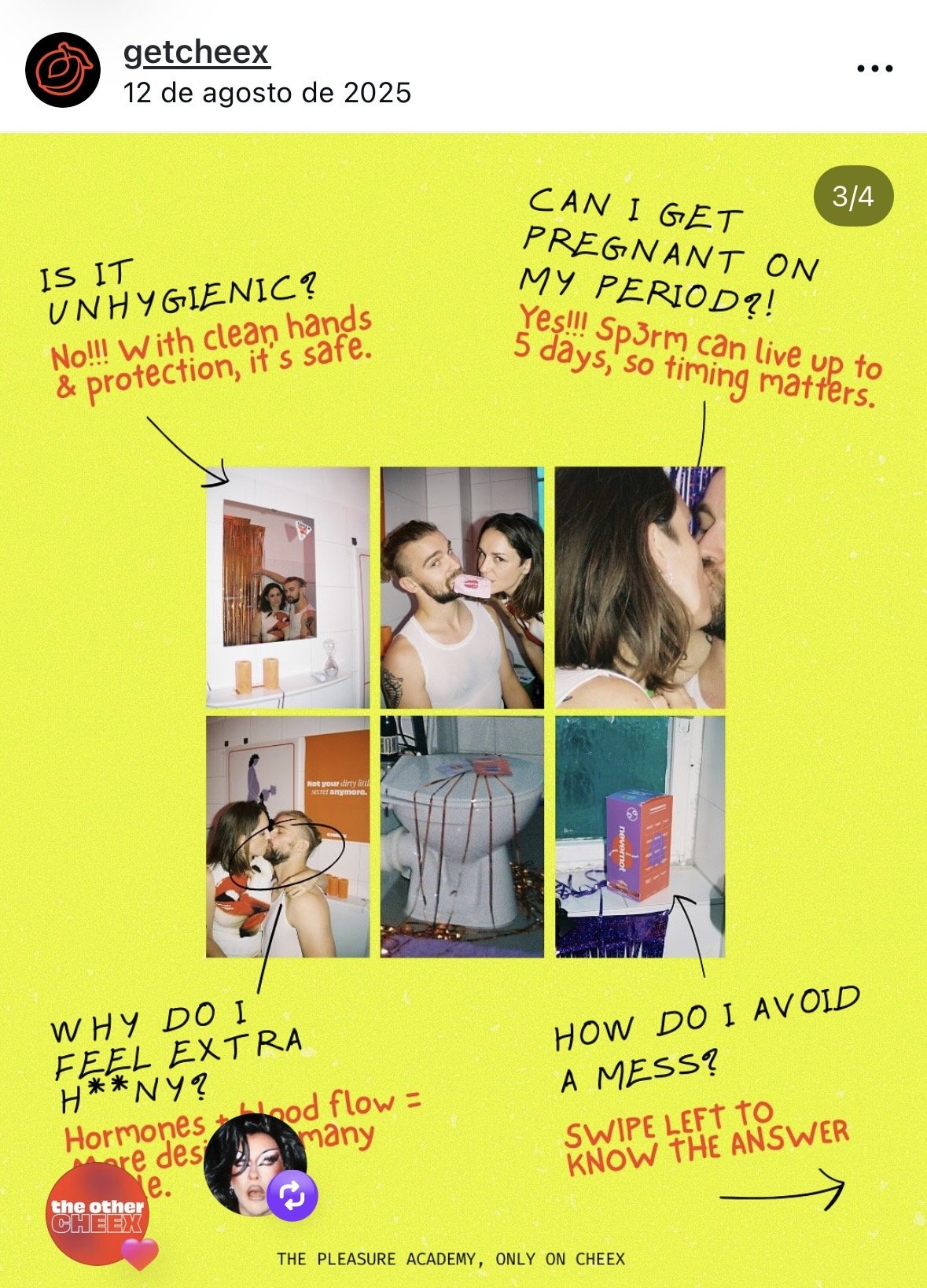 A collage of images with handwritten notes, featuring photos of a couple kissing, a man and woman with food, and a close-up of a box on a windowsill. The notes discuss topics like hygiene, pregnancy, feelings, and avoiding mess.