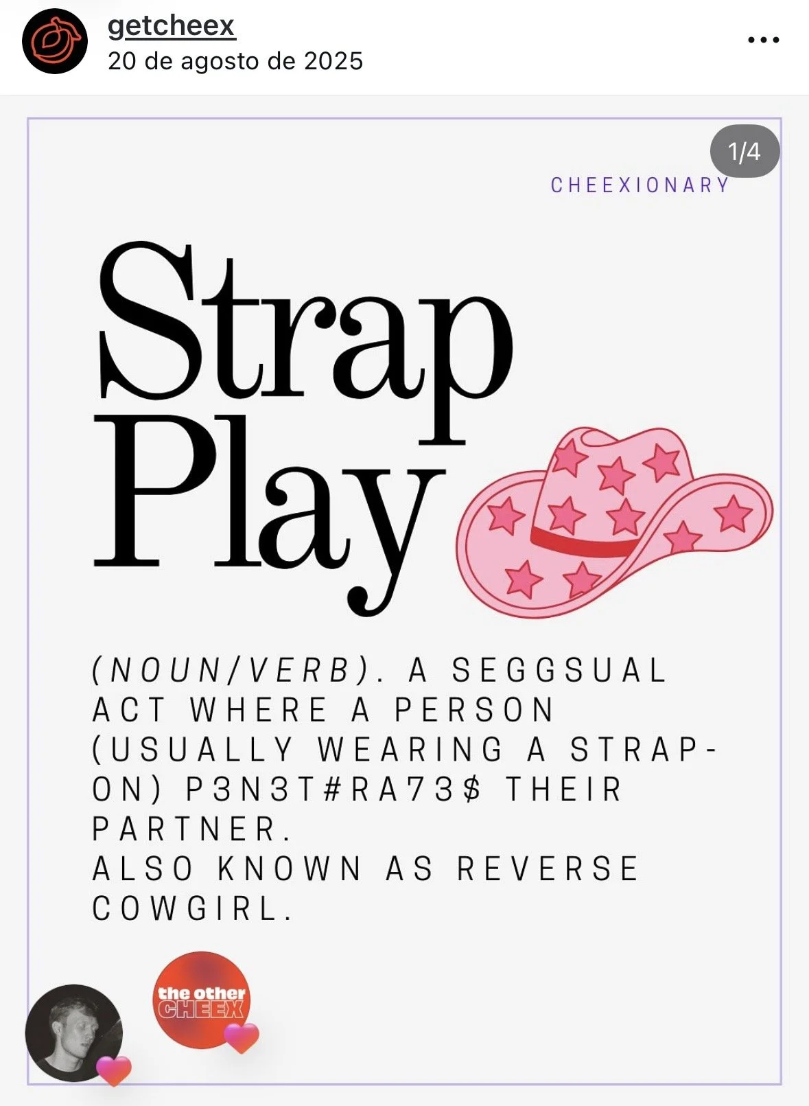 A graphic describing the slang term "Strap Play" with a pink cowboy hat decorated with stars, containing a humorous definition about wearing a strap-on.