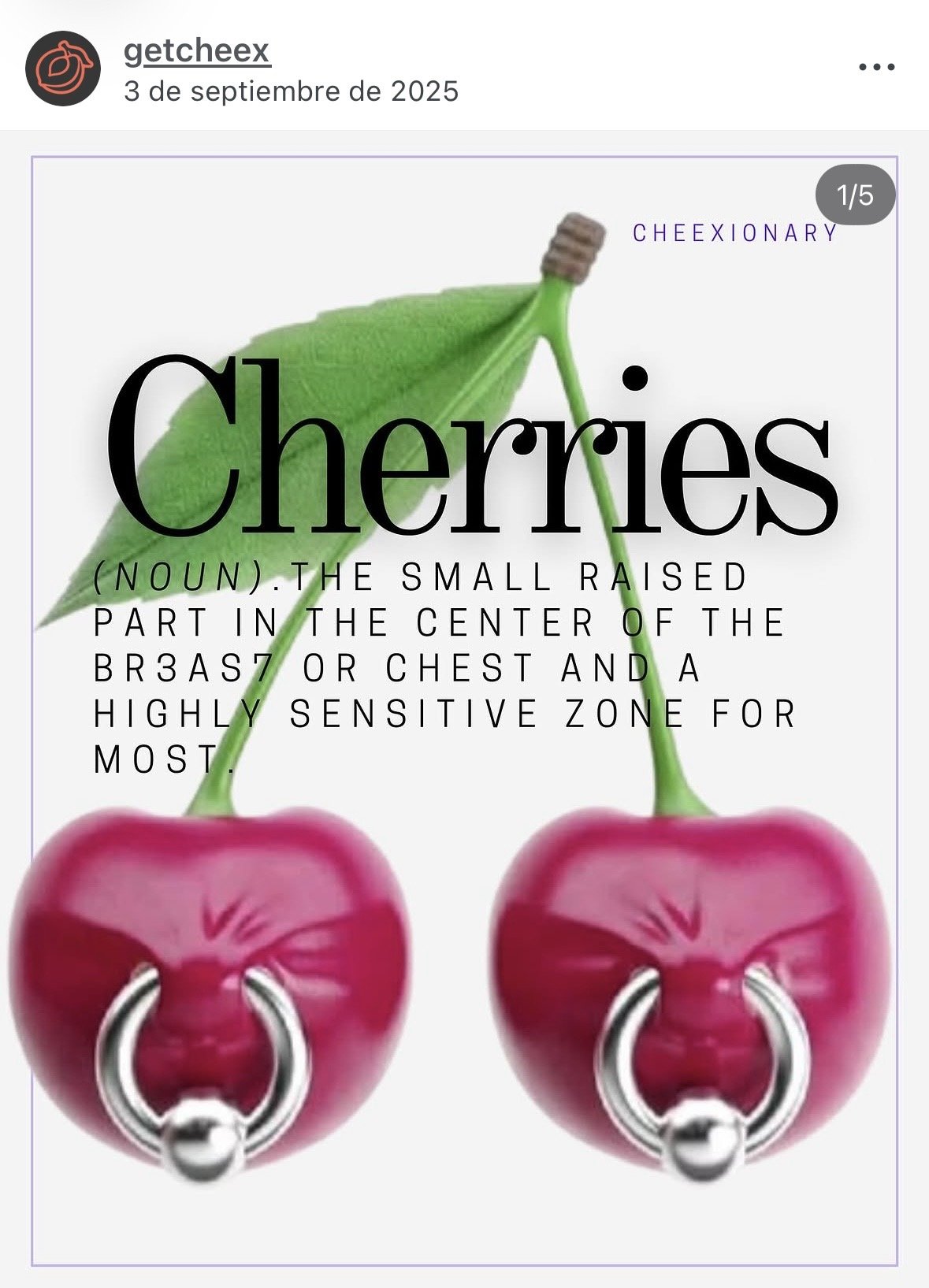 Illustration of two cherries with metal rings piercing the bottom of each, with a green leaf and stem connecting to a small brown cap, alongside the word "Cherries" and a definition describing cherries as small raised parts in the middle of the chest