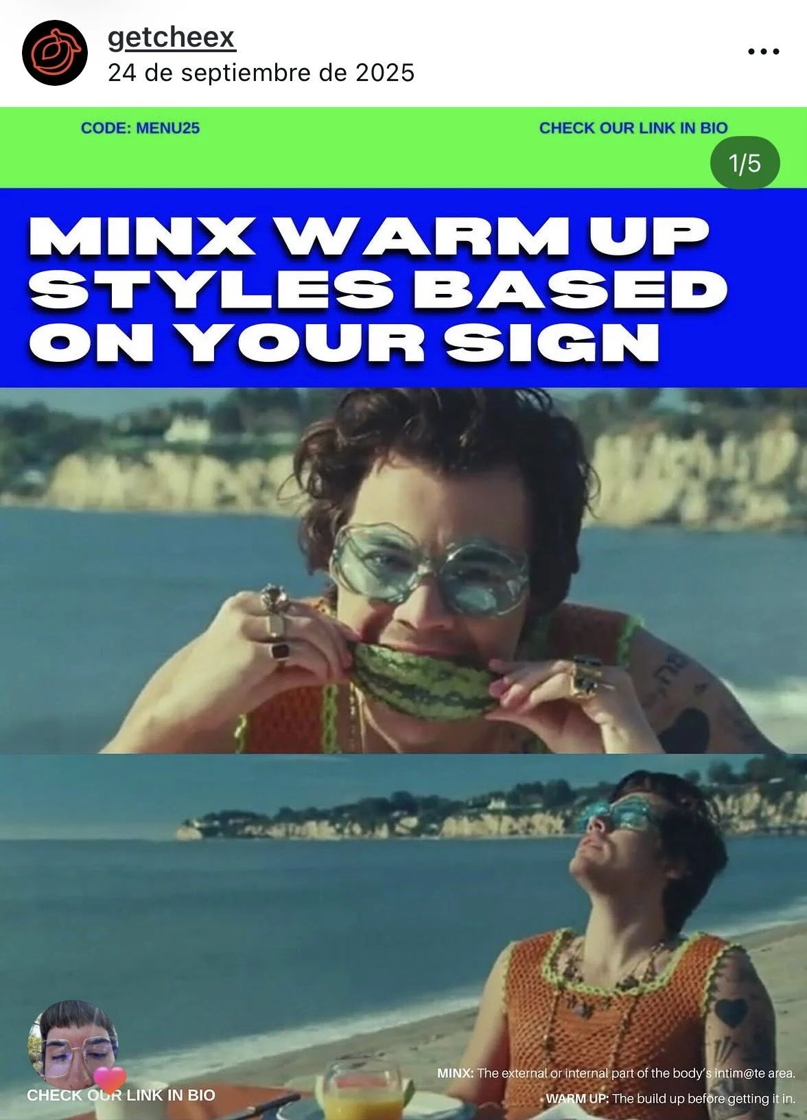 A woman with short curly hair and sunglasses smiling and holding a watermelon in her mouth while sitting by the ocean. Two similar images show her relaxing on the beach, enjoying the scenery.