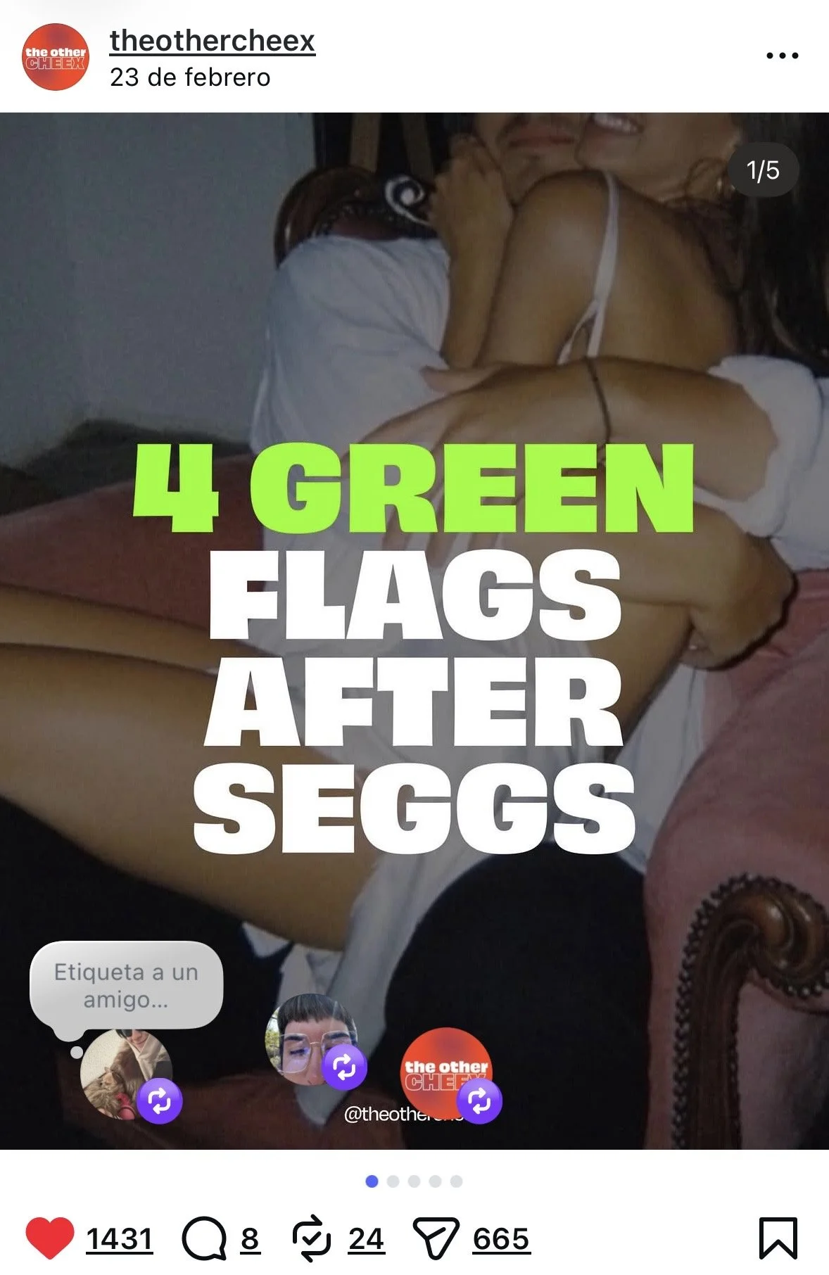A person lying on a bed with another person lying on top of them, both smiling. Overlayed text says, '4 Green Flags After Seggs'.