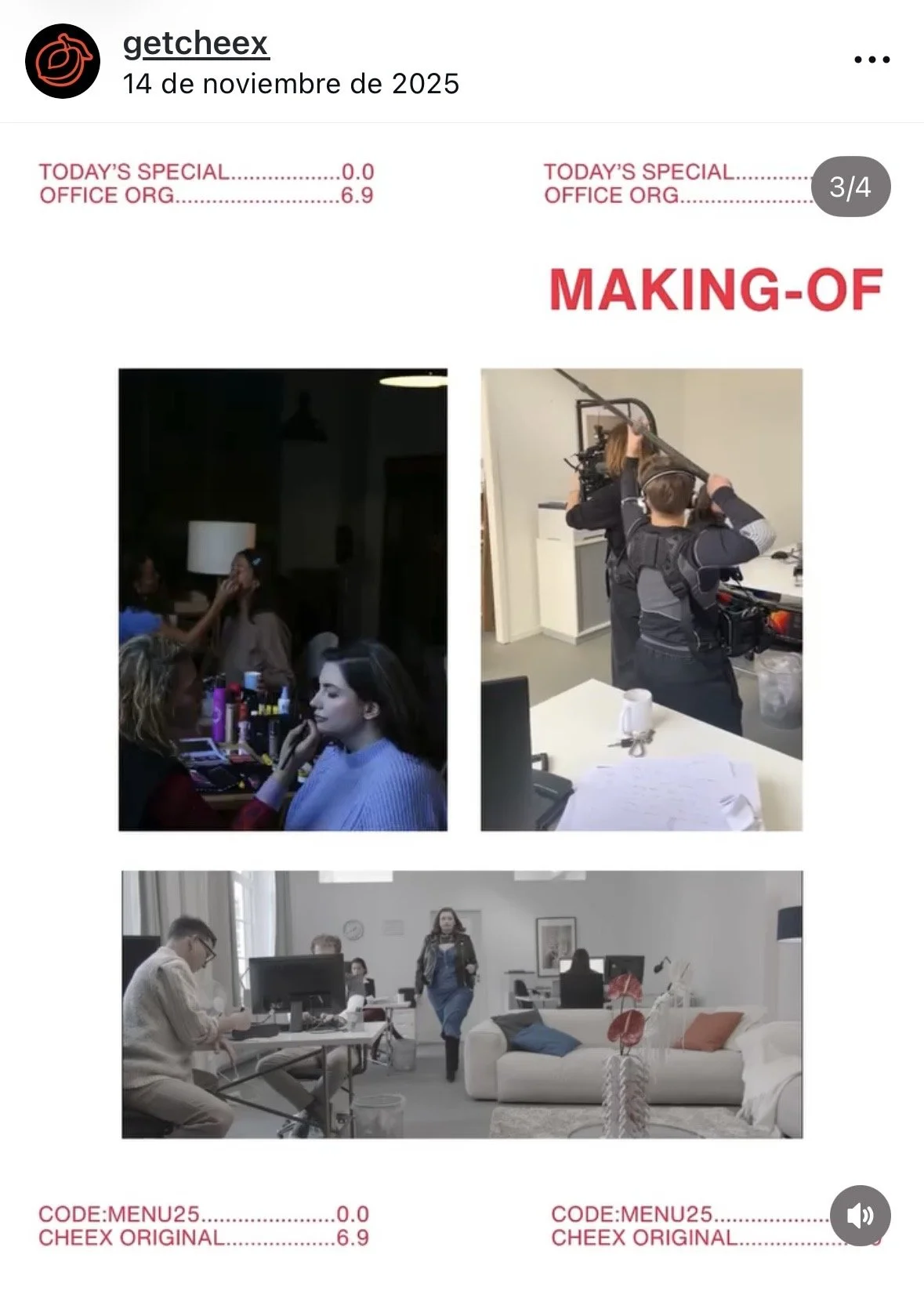 A collage of three photos showing behind-the-scenes of a film or TV production set. Top left: Makeup artists working on a woman, in a dimly lit room. Top right: Crew filming with a camera rig in a bright indoor space. Bottom: a woman walking past peo