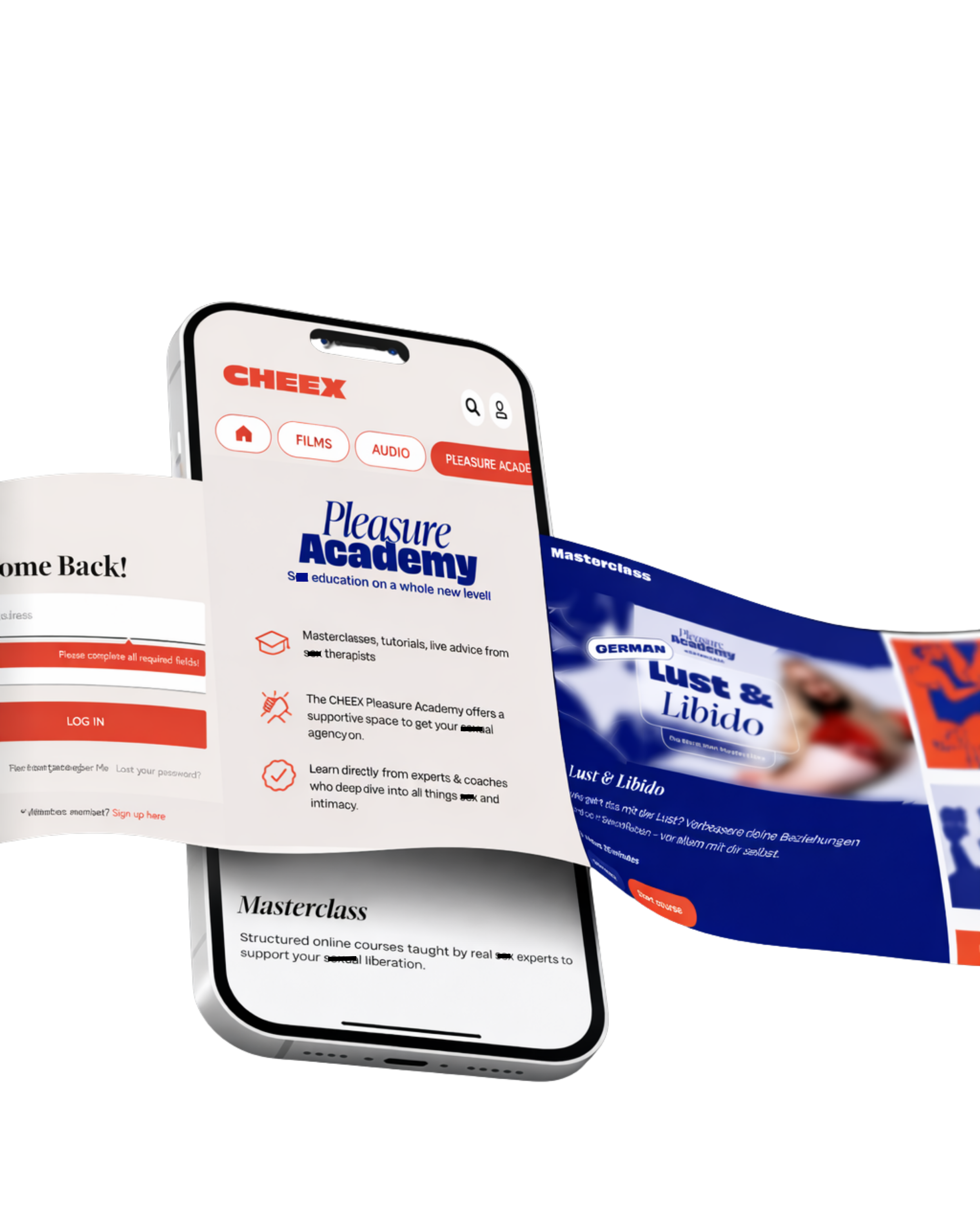 A digital rendering of a smartphone displaying content about the Pleasure Academy and related courses, with overlapping other screens about lust and libido, on a black background.