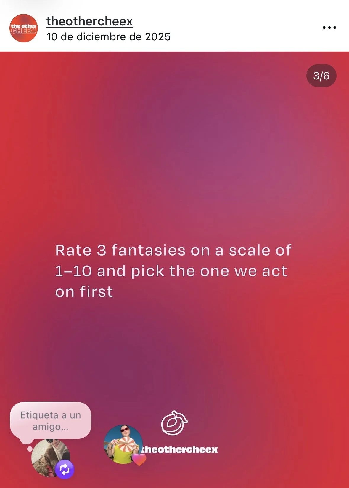 Social media post with a pink and red gradient background, prompting users to rate three fantasies on a scale of 1-10 and select which one to act on first.