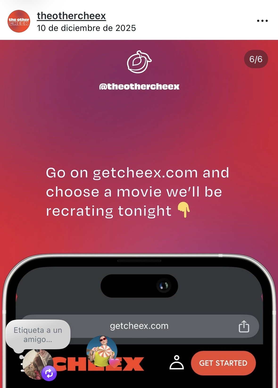 Screenshot of a social media post with a pink and red gradient background. Text encourages visiting getcheex.com to choose a movie for a virtual movie night, with an arrow pointing down. The bottom part shows a mobile phone screen with the getcheex.c