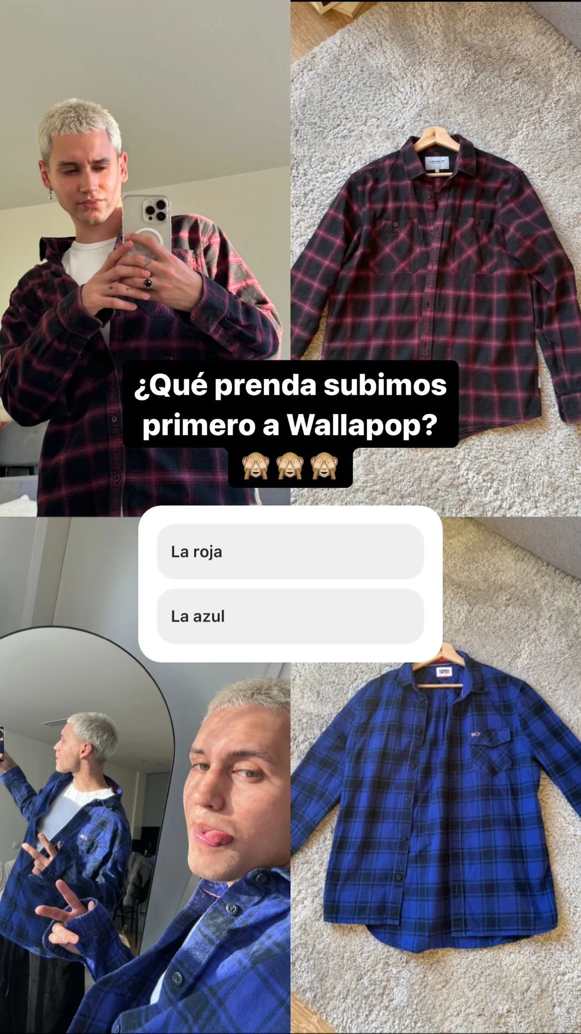 A collage of images featuring a person with short, light blonde hair trying on a red and black plaid shirt. The person is taking a selfie with a smartphone in front of a mirror, showing the shirt up close and making playful gestures. Two other images display the same shirt laid on a beige carpet and a blue and black plaid shirt hanging on a hanger. There is also a poll asking which shirt to upload first, with options 'La roja' and 'La azul'.
