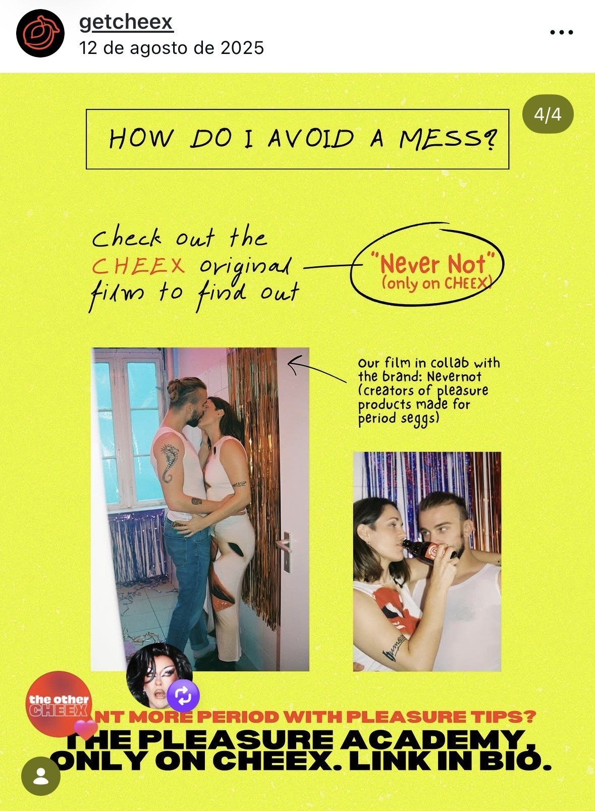 Promotional flyer for a film called 'Never Not' by Cheex, featuring two photos of couples, humorous tips on avoiding messes, and branding for 'The Pleasure Academy' and NEVRNOT.