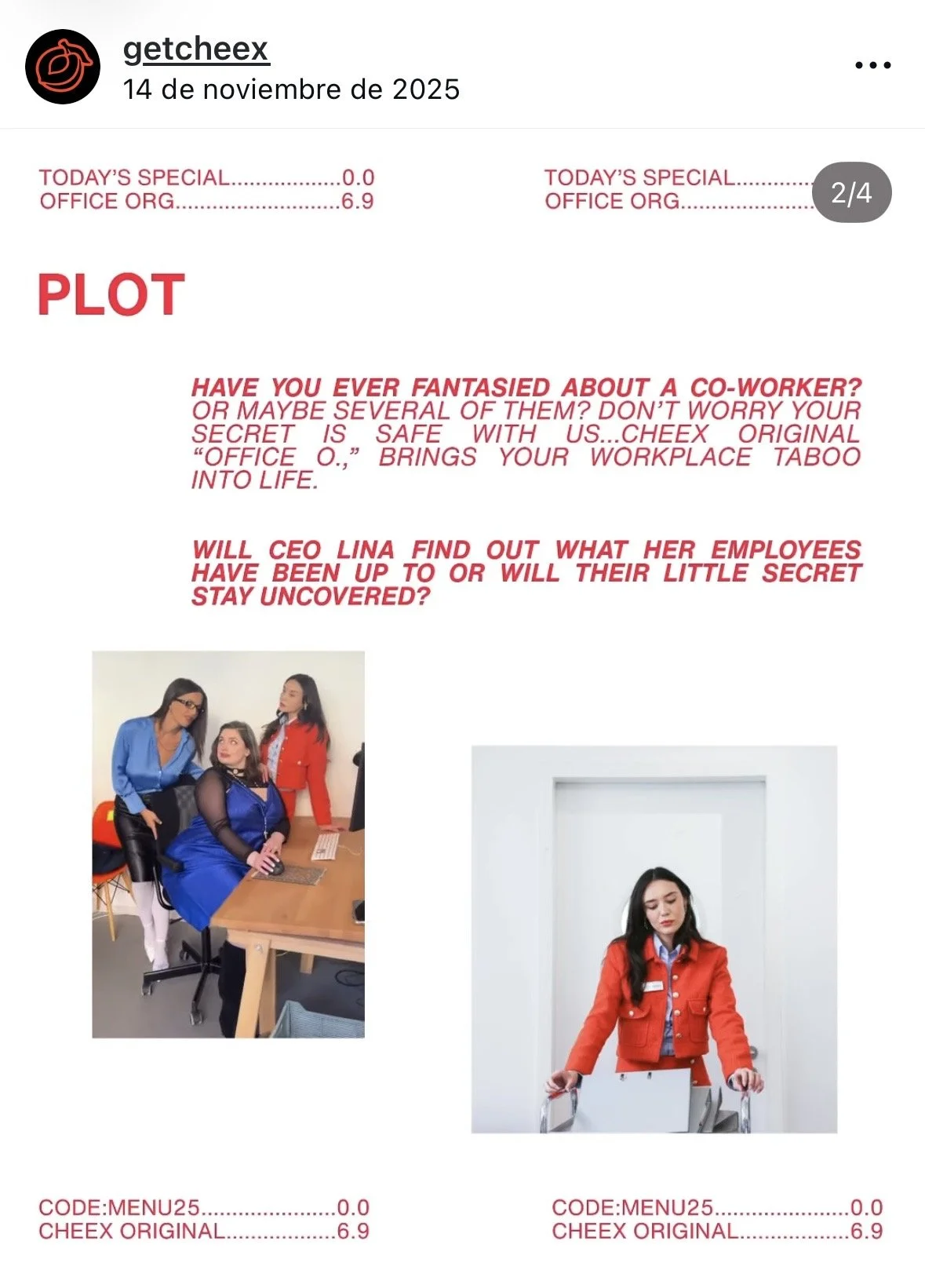 Social media post with text and two images, featuring a story about workplace secrets, a woman in a red jacket with a luggage trolley, and two women at a desk in an office.