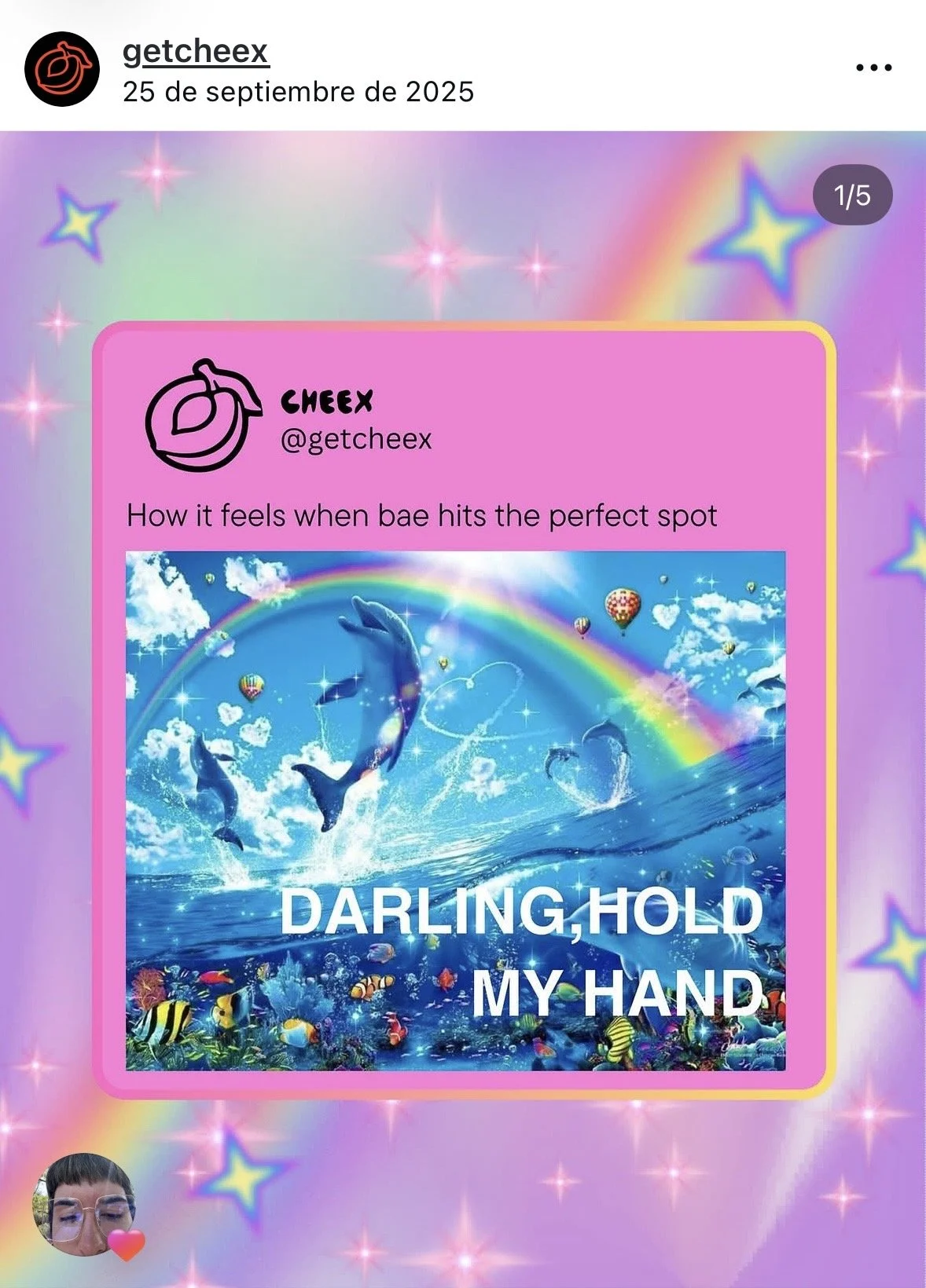 Colorful social media post with dolphins jumping out of water, a rainbow, and underwater sea life, with the text 'DARLING, HOLD MY HAND'.