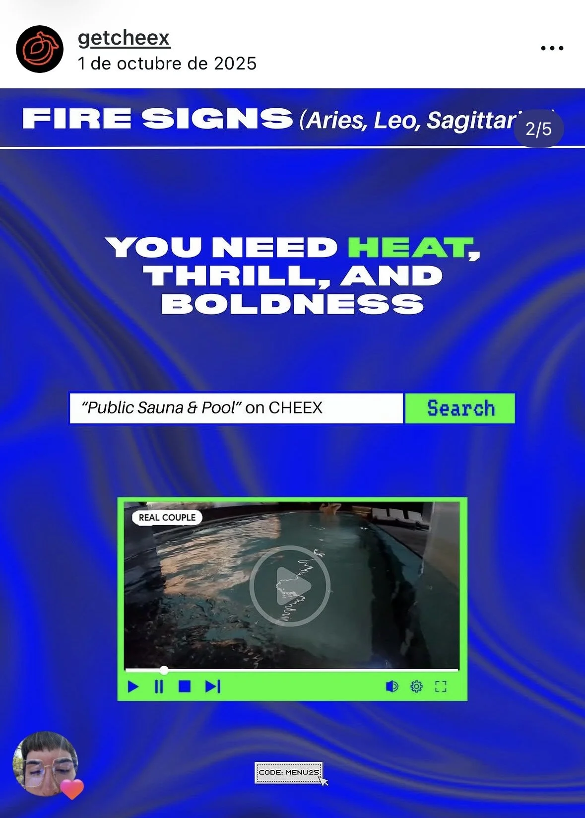 A social media post featuring a graphic with text about fire signs (Aries, Leo, Sagittarius) and their traits like heat, thrill, and boldness. It includes a search bar for 'Public Sauna & Pool' on a website called CHEEX, with an image of a couple in 
