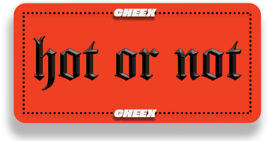A rectangular sign with a red background and black border. It has the words 'hot or not' in black Gothic-style font in the center, and the words 'CHEEK' in white, bold, capital letters at the top and bottom.