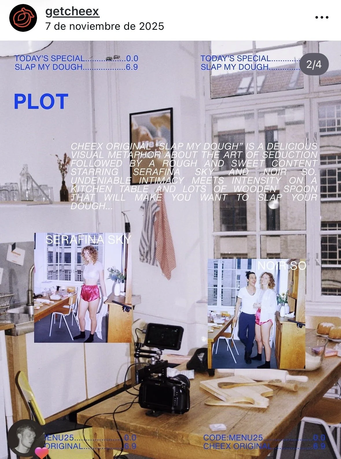 Interior of a kitchen with large windows, a wooden table with baking ingredients, and a camera. Two photos of women in casual clothes, one standing by the table with pink shorts, and another with a man and woman standing together.