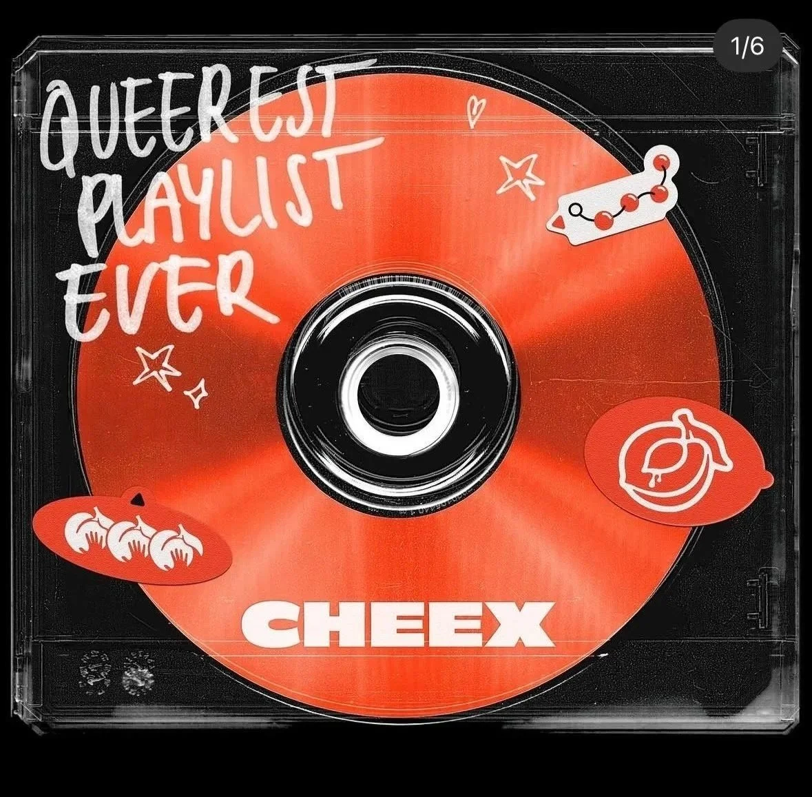 A CD with a black background and red-orange label with white text that reads 'Queen's Playlist Ever.' The CD has decorative doodles including pumpkins, stars, and a chart with the word 'Cheex' beneath the main text.