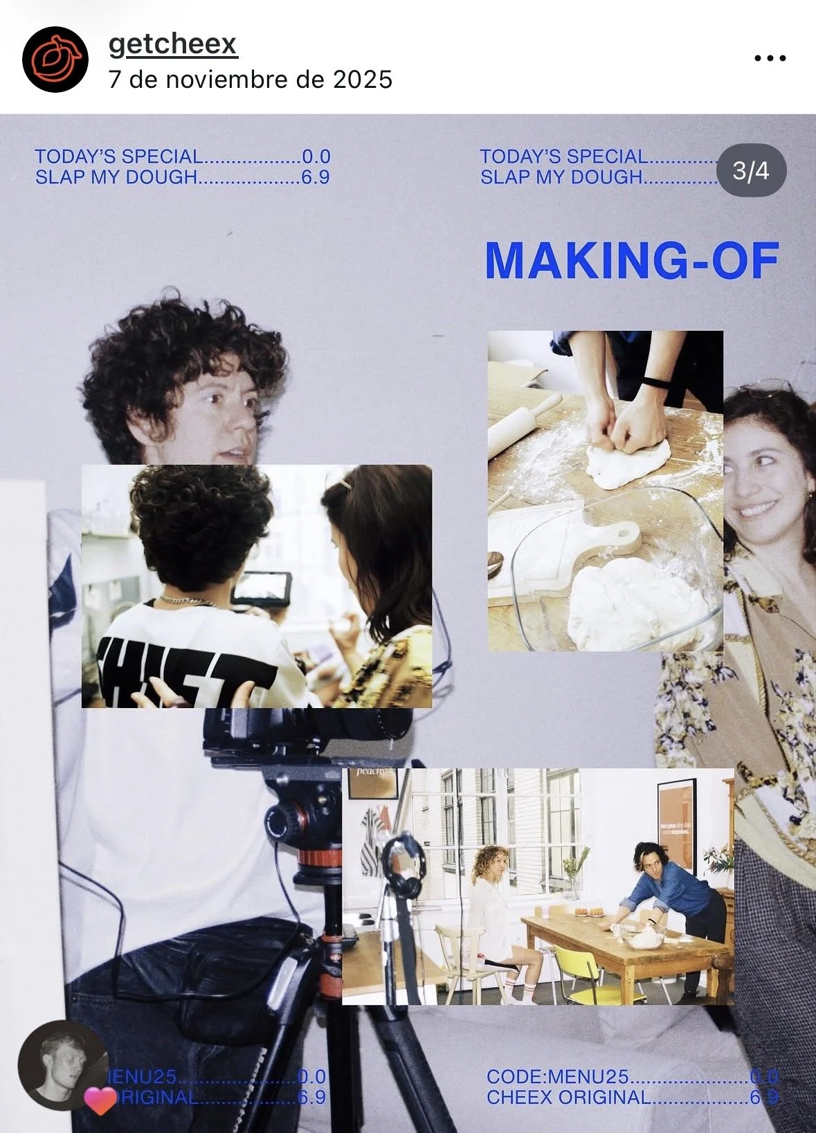 Collage of photos showing people in a kitchen cooking, a woman on a video call, and a person taking photos with a camera. The text mentions making dough and a menu code.