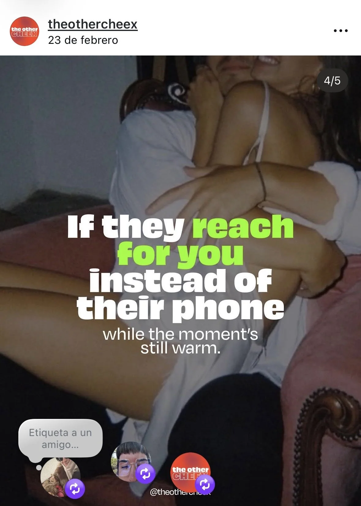 A couple hugging on a bed with text overlay that reads, "If they reach for you instead of their phone while the moment's still warm."
