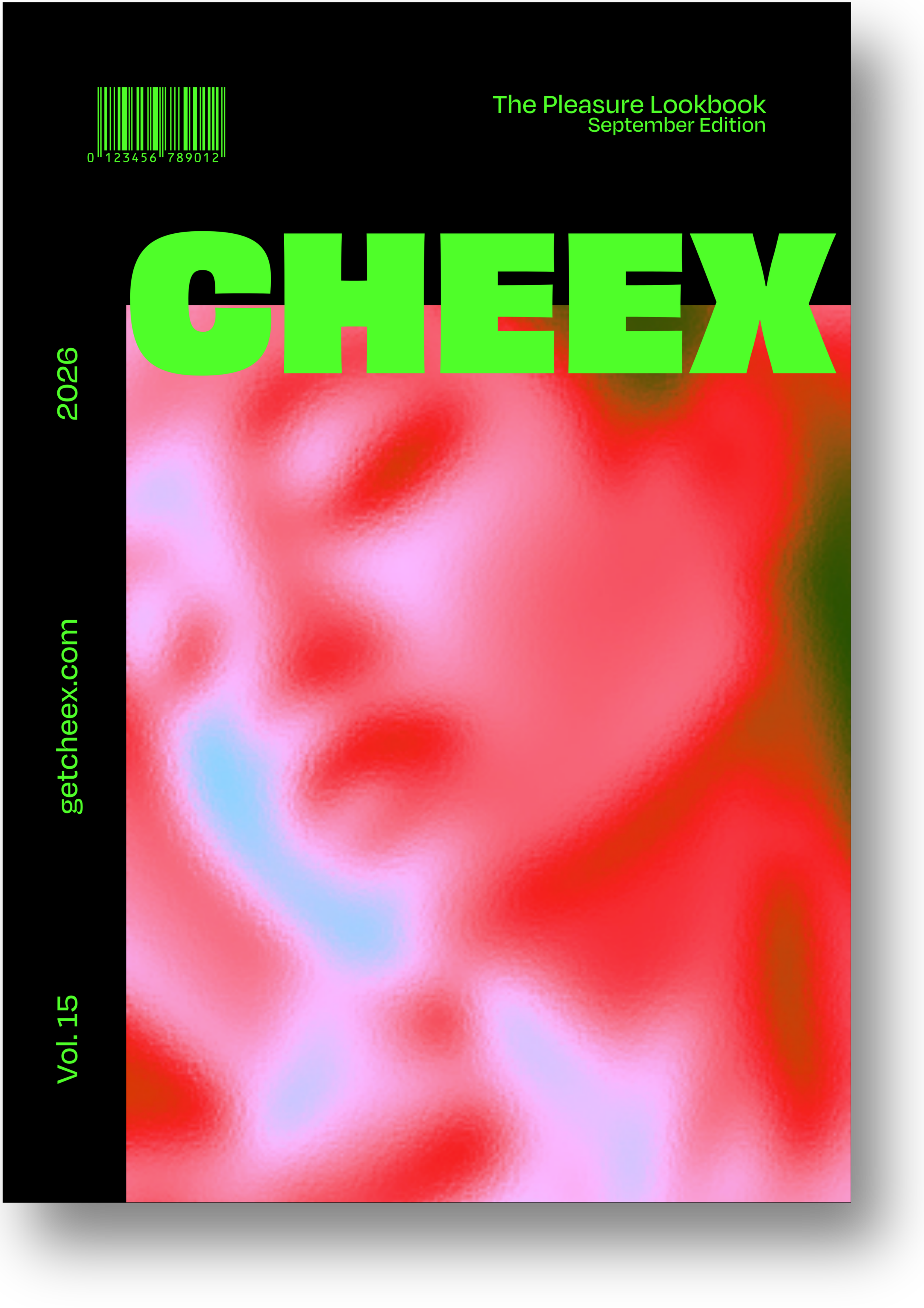 Cover of a magazine titled 'The Pleasure Lookbook' September Edition with a large, bold green text 'CHEE X' over a blurred, abstract red and pink background.