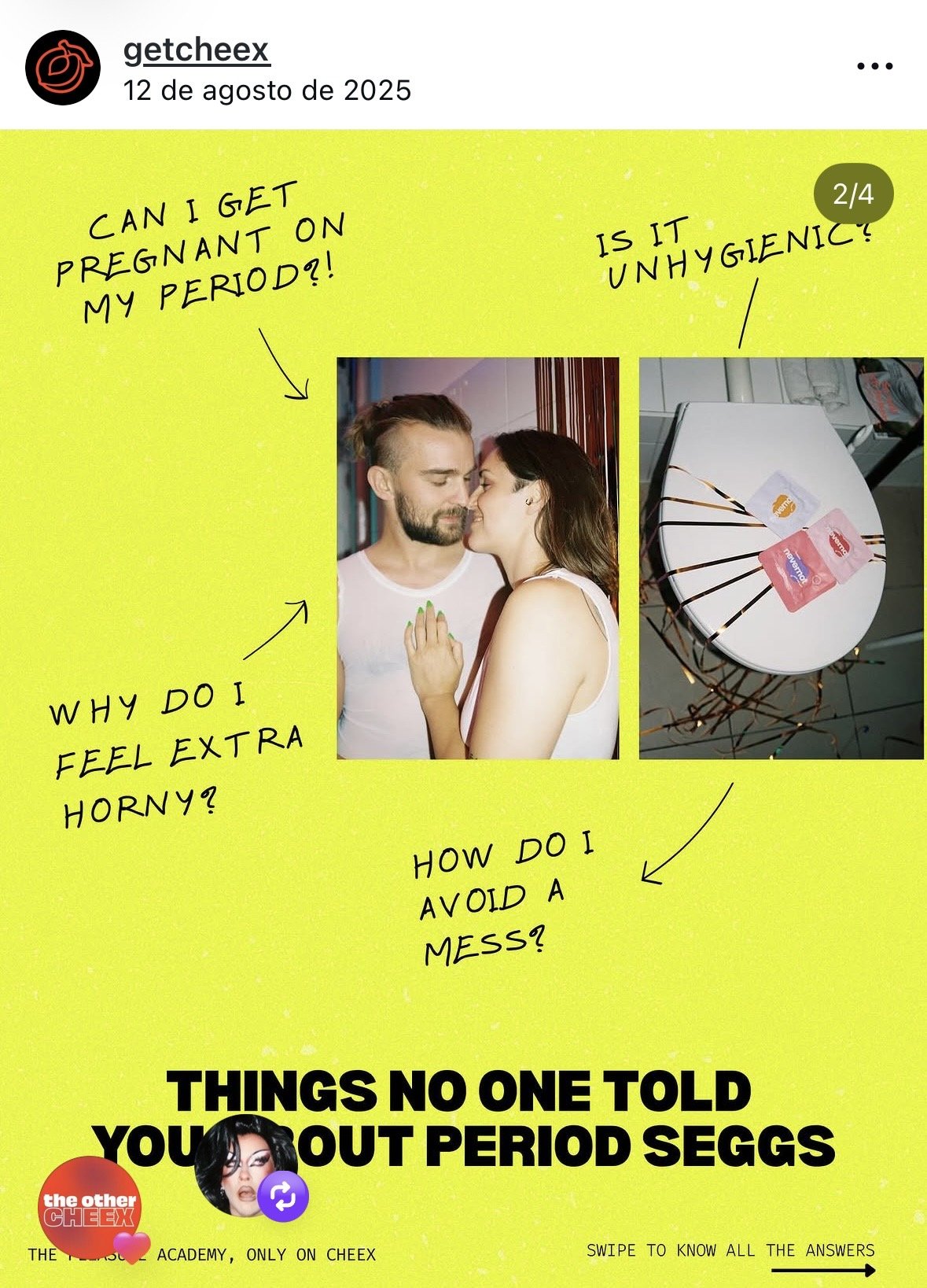 A bright yellow social media post with handwritten questions and a photo of a man and woman close together. The post questions about pregnancy during menstruation, hygiene, feeling extra horny, and avoiding messes. It includes an image of tampons.