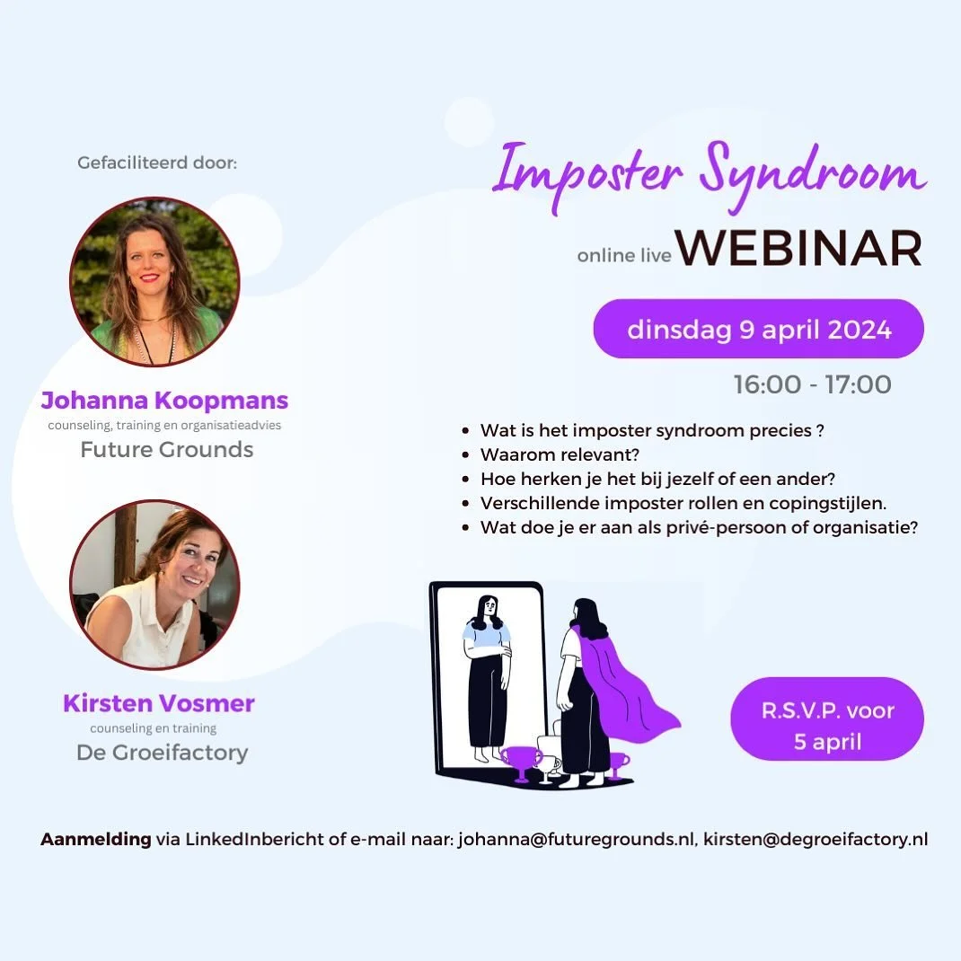 Wil je graag meer weten over imposter syndroom? Op dinsdag 9 april 16:00 &ndash; 17:00 ben je welkom bij de live online webinar &ldquo;Imposter Syndroom &ndash; van bewustzijn naar aanpak&rdquo;. Hierbij komt het volgende aan de orde: &nbsp; &ndash;&