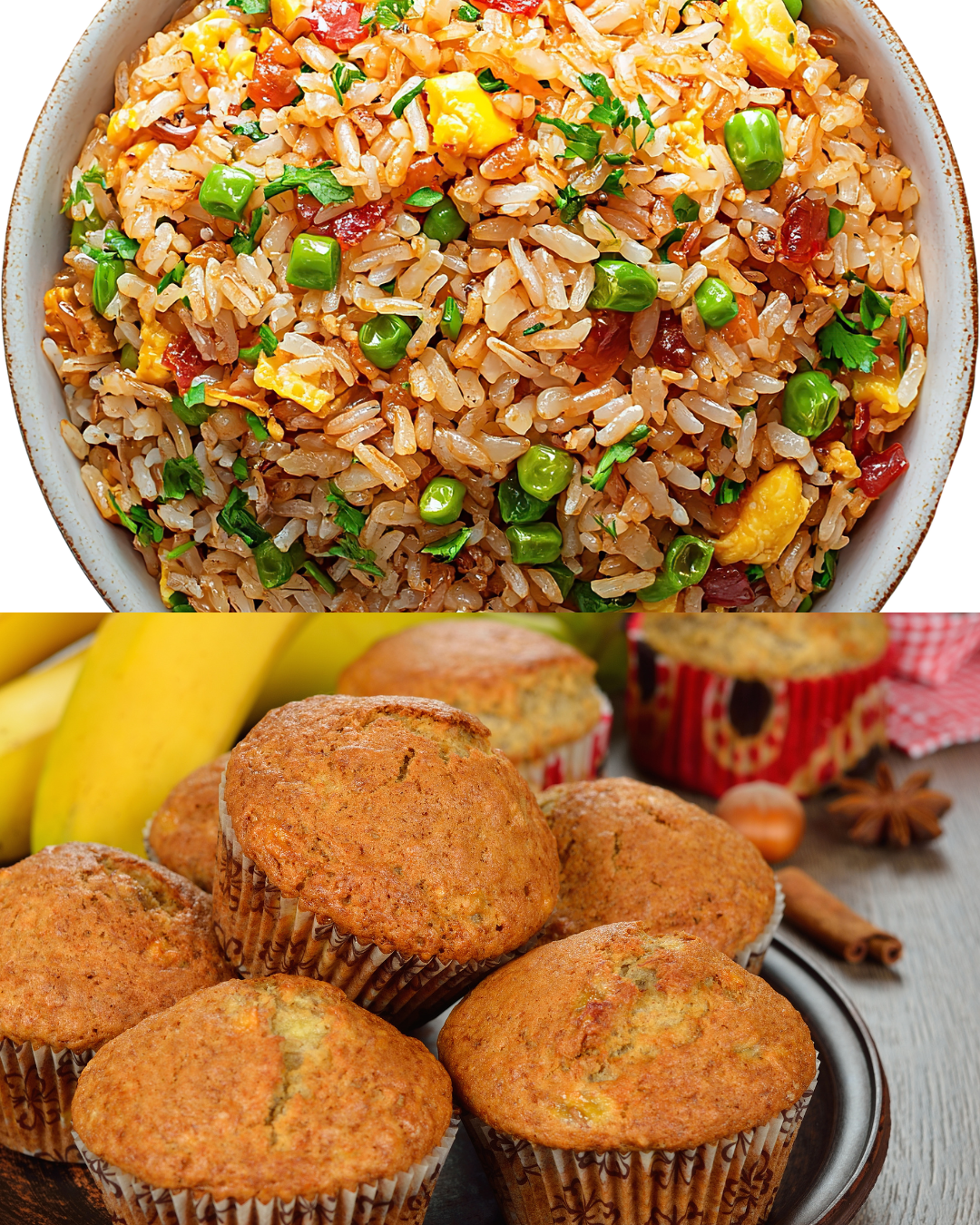 A bowl of fried rice with peas, scrambled eggs, and chopped green onions; a tray of baked banana muffins with a bunch of bananas and spices in the background.