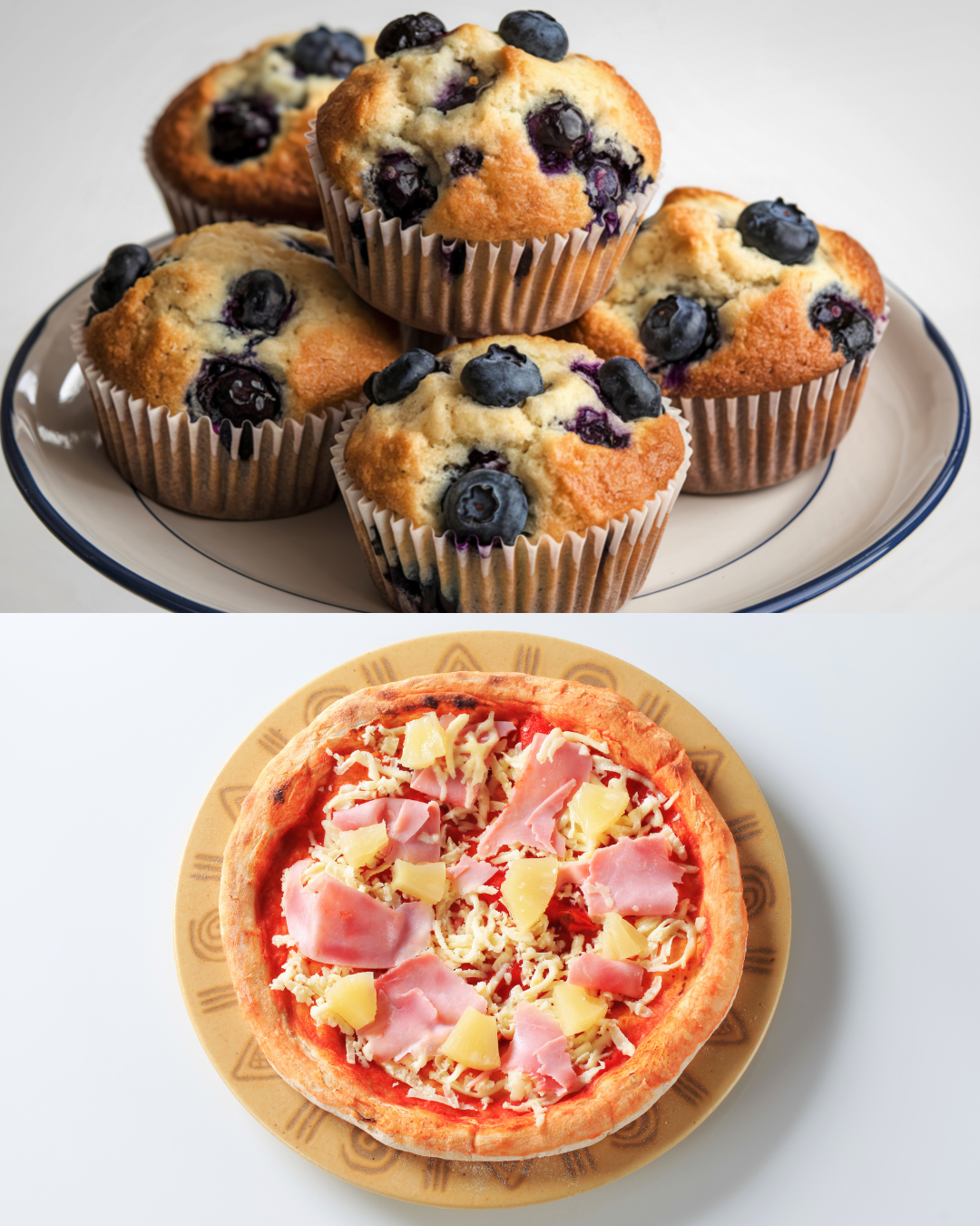 A plate of blueberry muffins with blueberries on top and a small pizza with cheese, ham, and pineapple toppings.